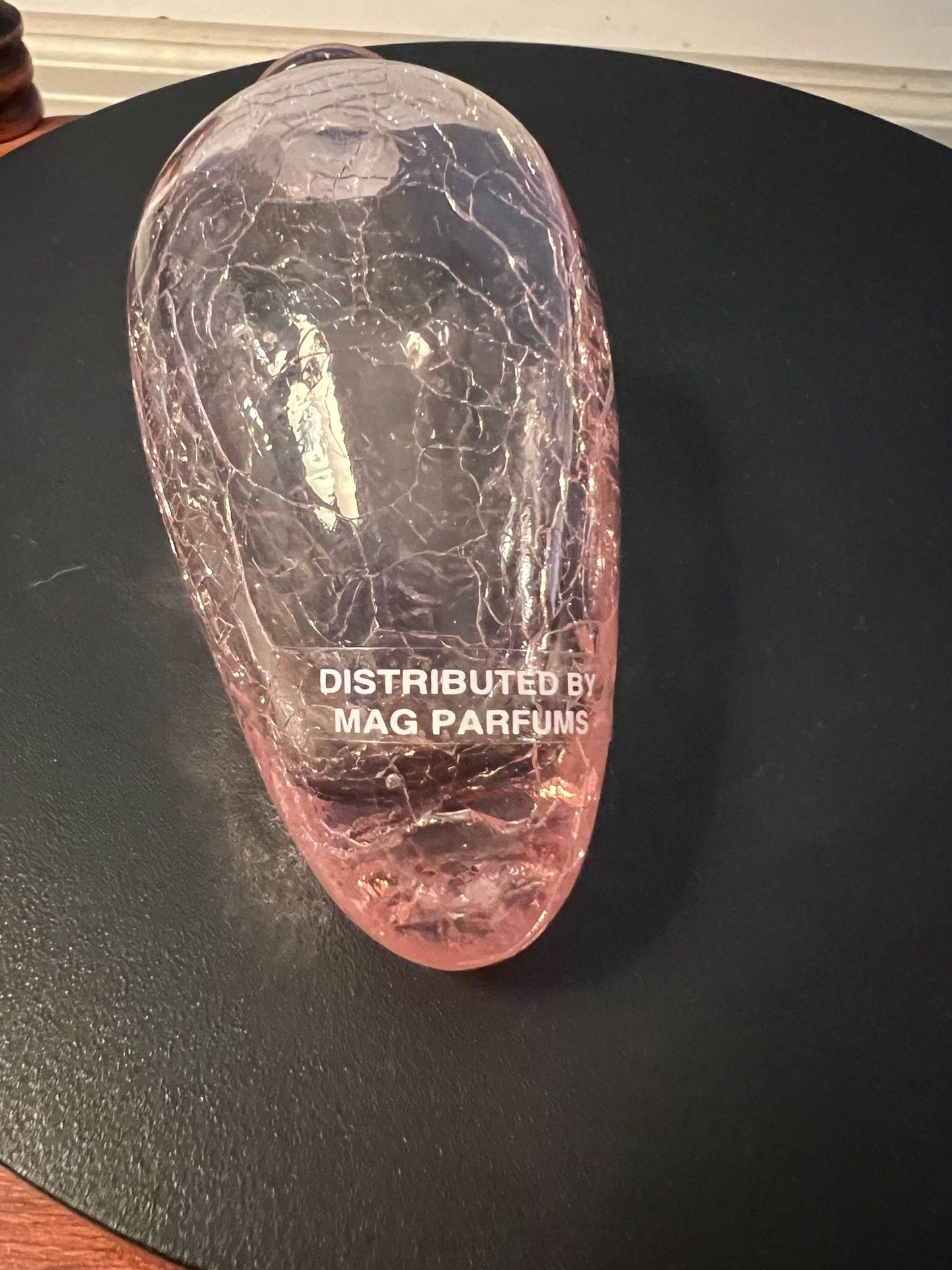 Vintage Pink Crackle Glass Perfume Bottle with Green Metal Stand