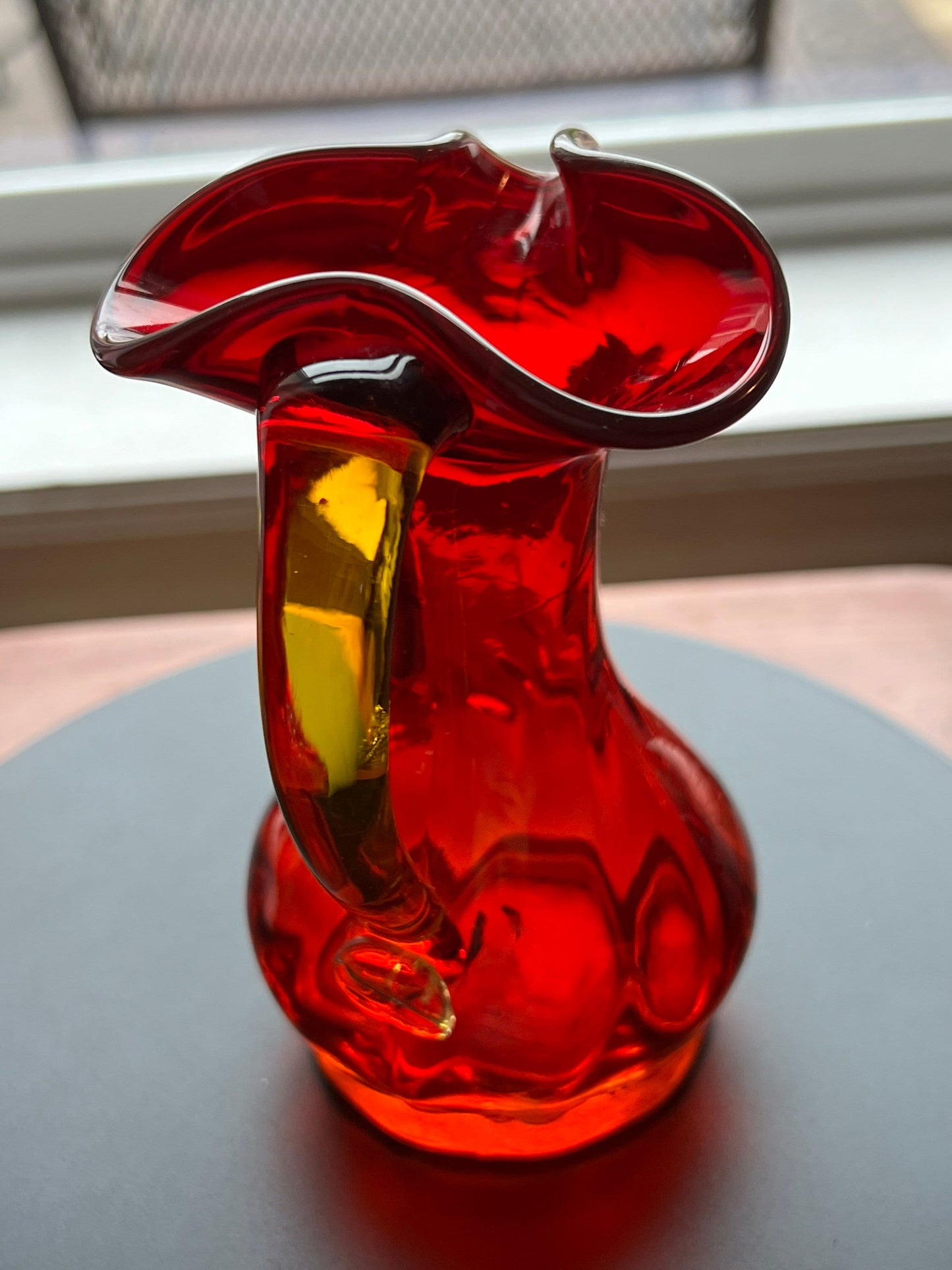 Vintage Kanawha Amberina Glass Pitcher: Red & Yellow Bud Vase, 5”