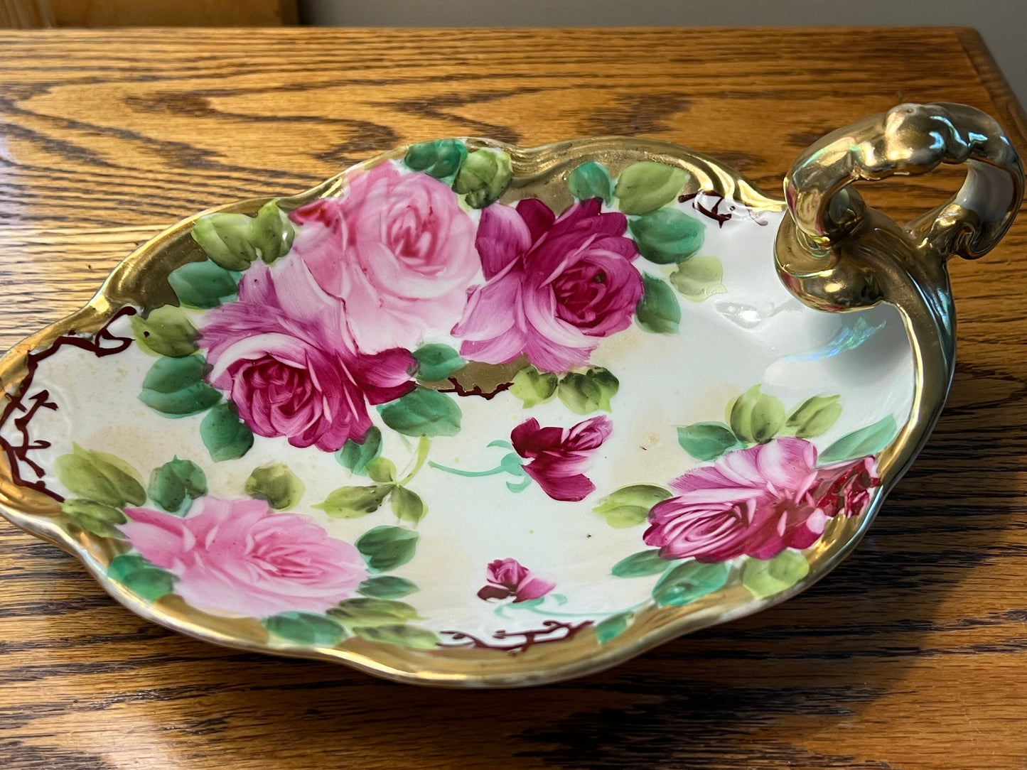 Vintage Nippon Porcelain Dresser Dish: Hand Painted Roses, Gold Handle