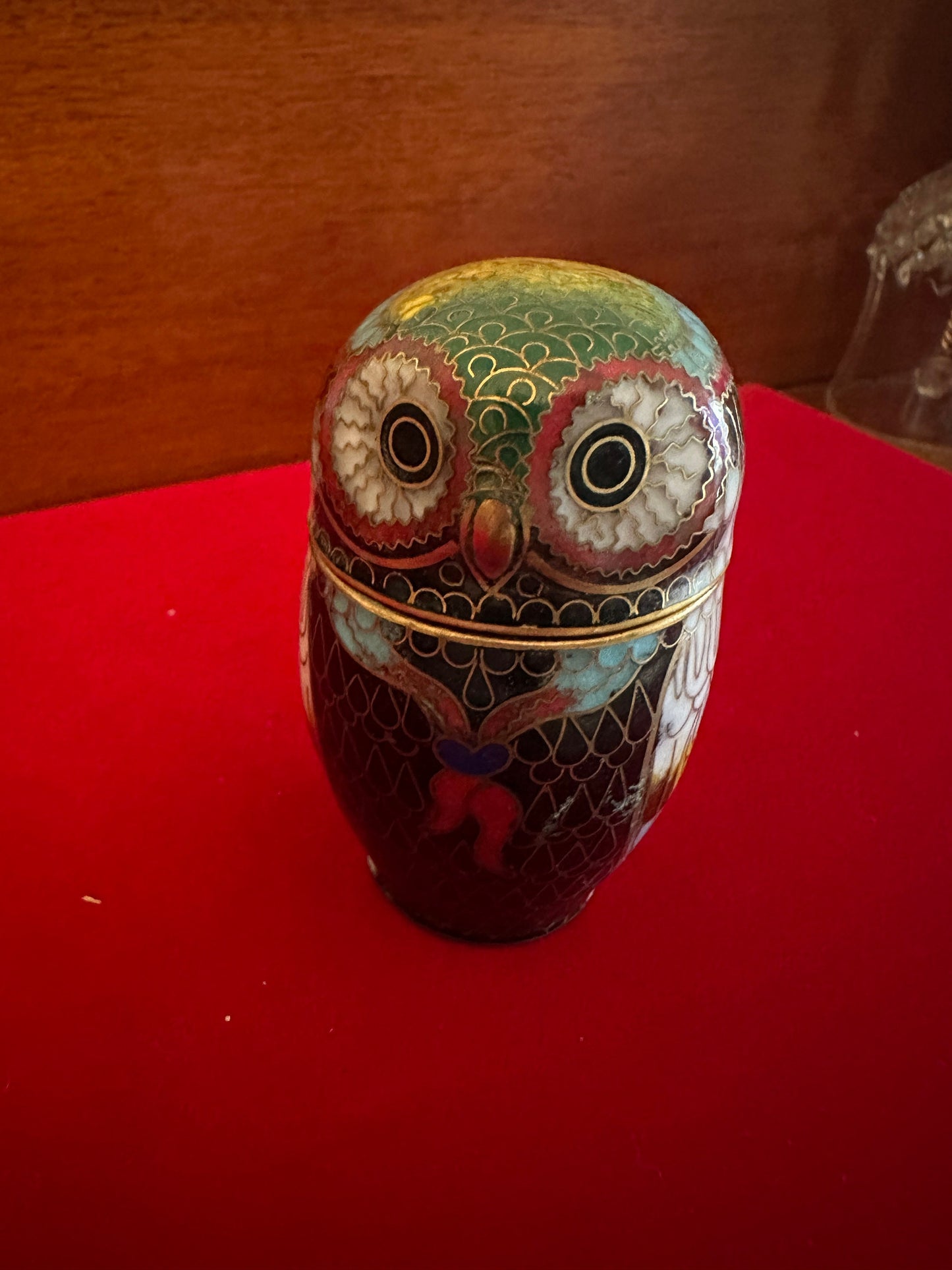 Vintage Cloisonné Enamel Owl Trinket Box with Brass Base