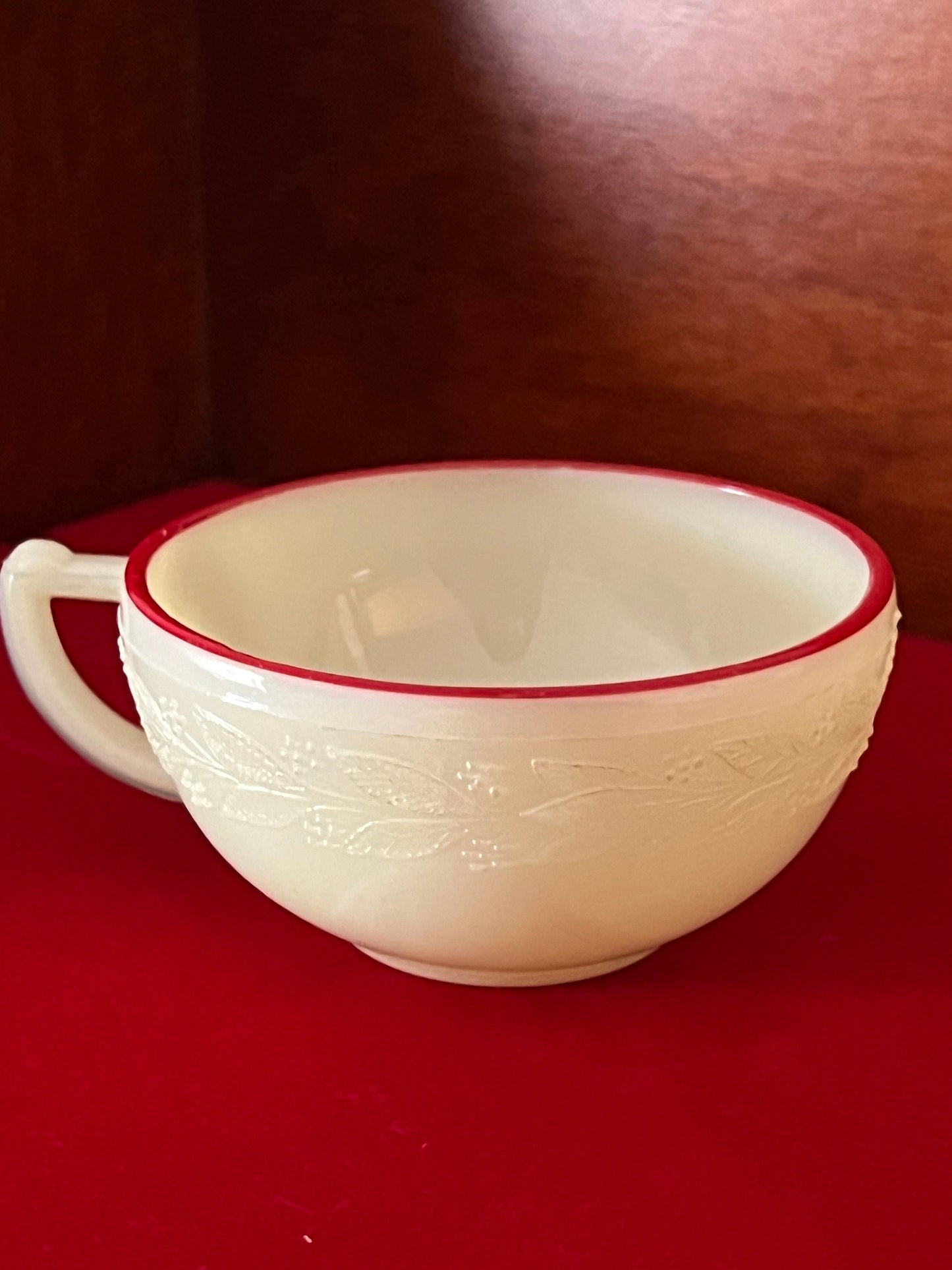 Vintage McKee Uranium Glass Tea Cup: Laurel Red Trim, Child's Tea Set