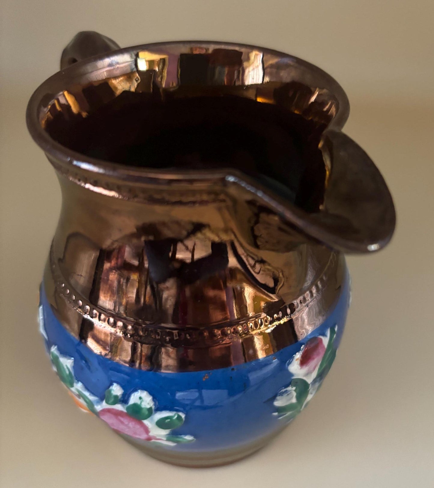 Antique Stafforshire Hand Painted Copper Lustreware Milk Jug Mini Pitcher Circa 1880’s Lover Antiques and Vintage