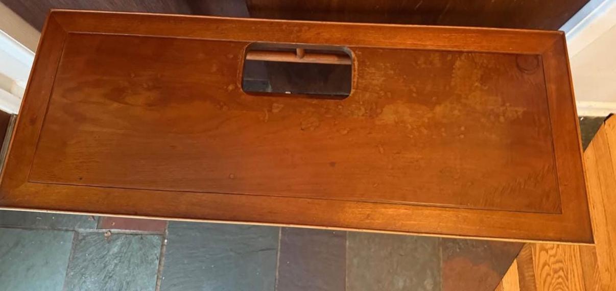 Lane Copenhagen Mid Century Modern Walnut Console Table, Tapered Legs with Brass Tips & a Cut Out, Lover Antiques and Vintage