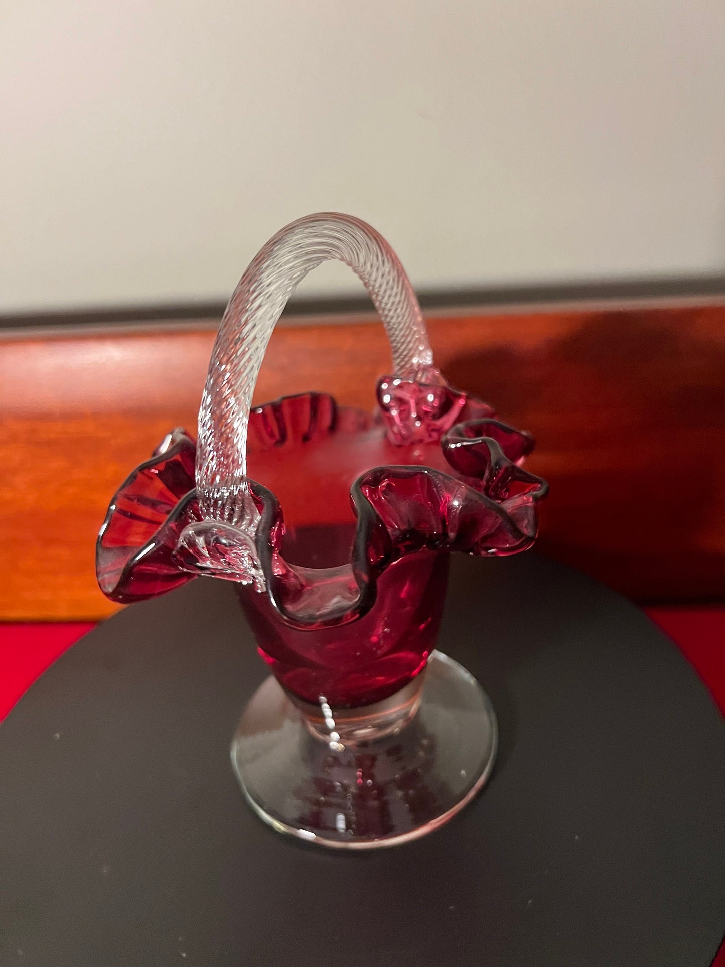 Vintage Fenton Cranberry Glass Ruffled Basket with Handle
