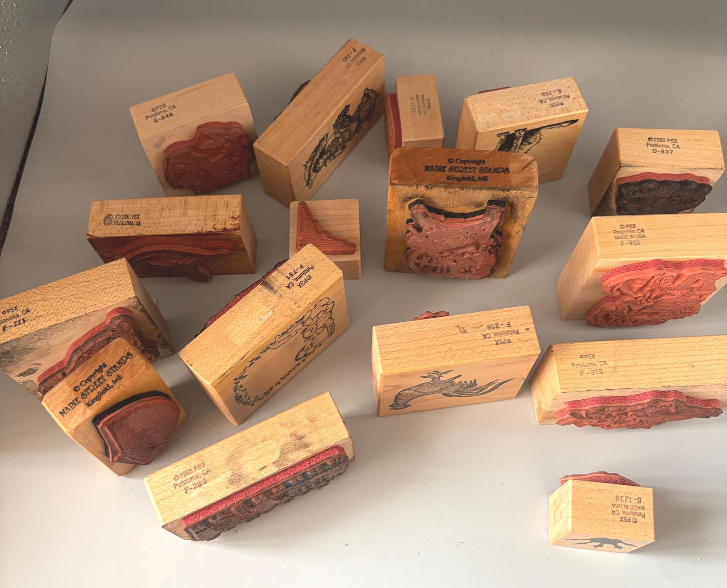 Collection of Vintage Wood Mounted Rubber Stamps, PSX 1988 Frame, Rooster Raggedy Ann Dog Rocking Horse