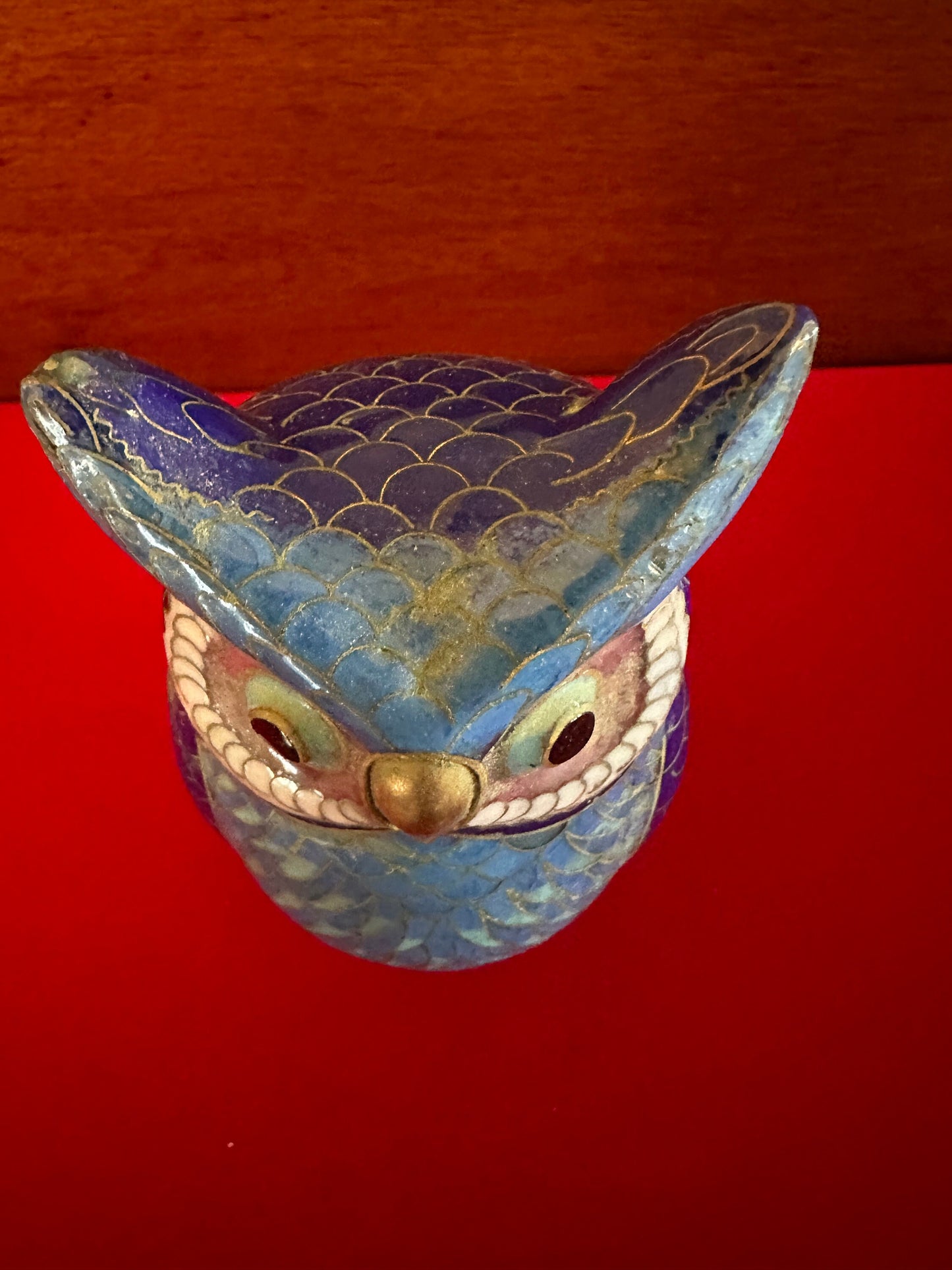 Vintage Cloisonné Enamel Owl Statue: Cobalt Blue & Brass