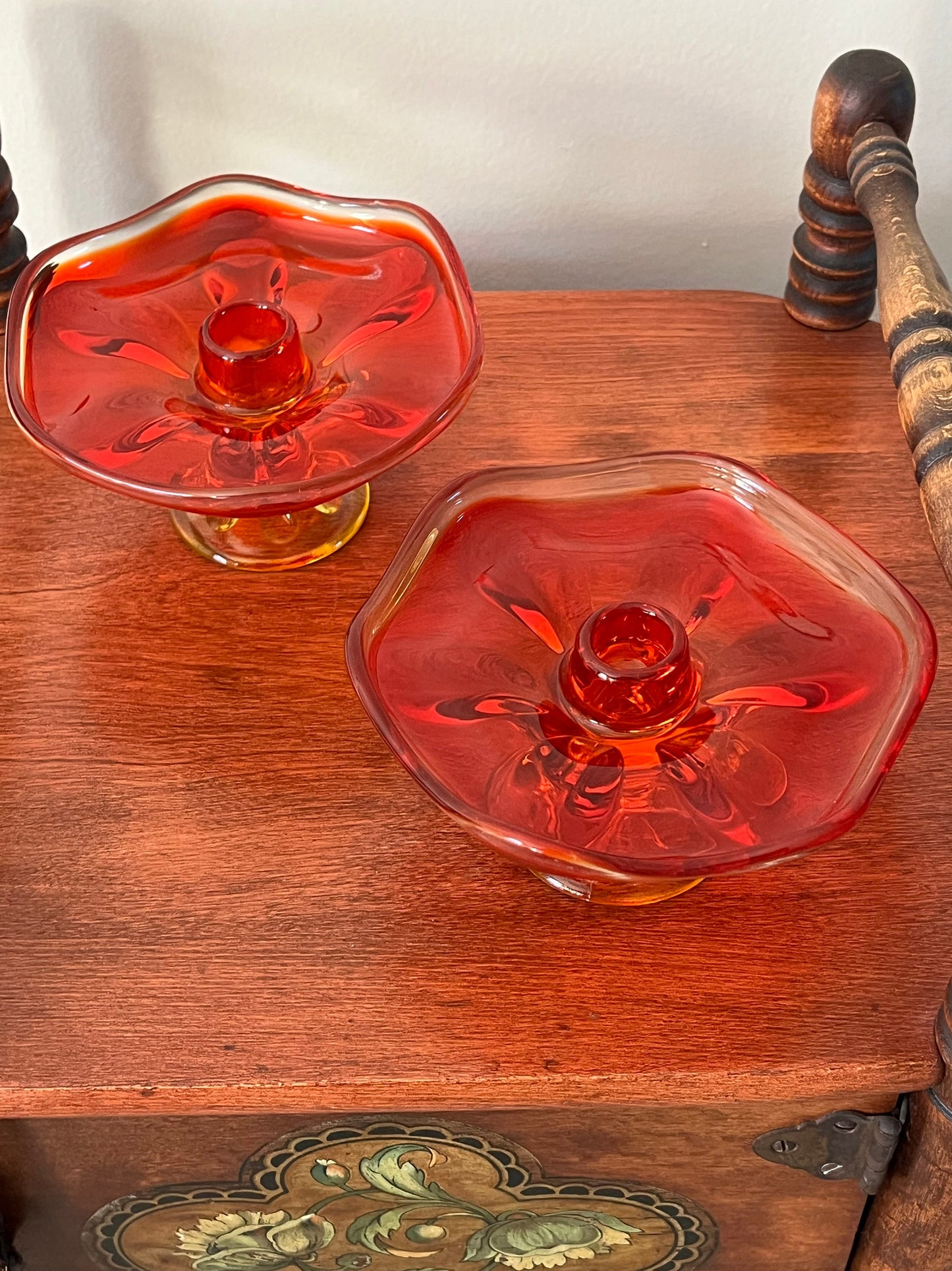 Vintage Viking Persimmon 6 Petal Amberina Pair of Candle Holders Pedestal Candlestick Holders Dish Lover Antiques and Vintage