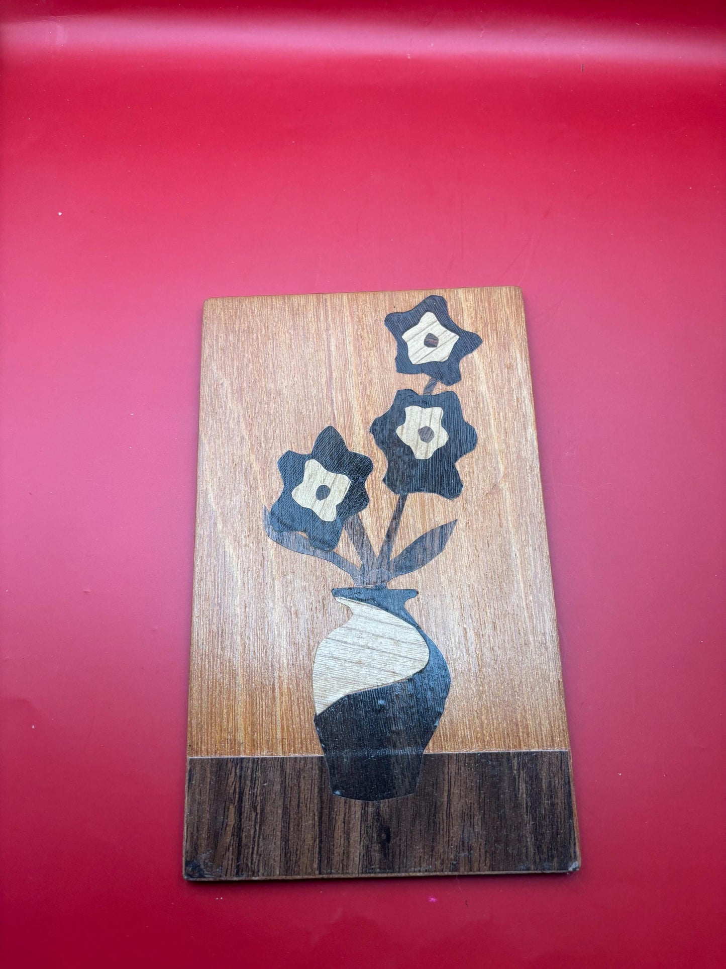 Handmade Flower Marquetry Wood Inlay Art Wall Hanging, Several Distinct Wood Tones