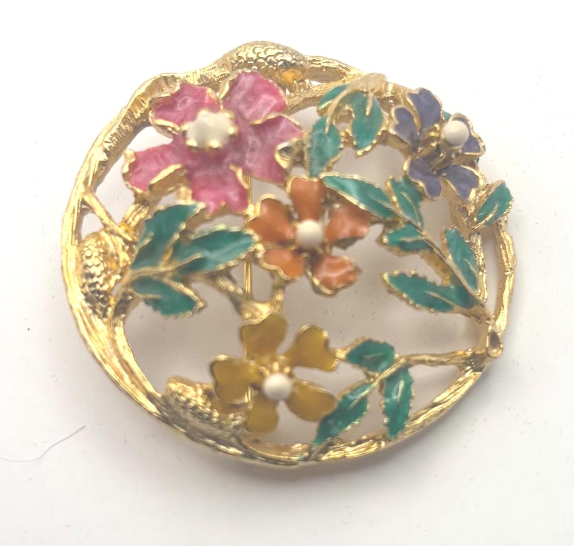Catherine Popesco Flower Enamel Pin and Gold Floral Brooch, Lover Antiques and Vintage