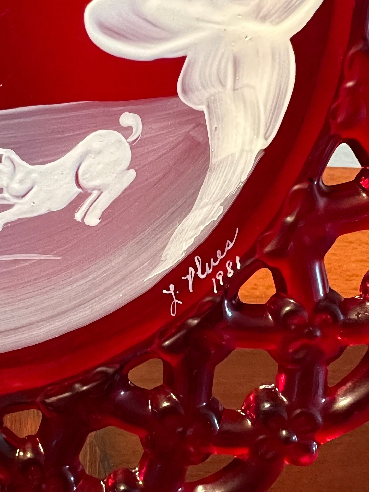 Vintage Westmoreland Ruby Red Plate: Girl, Dog, and Sled - 1981