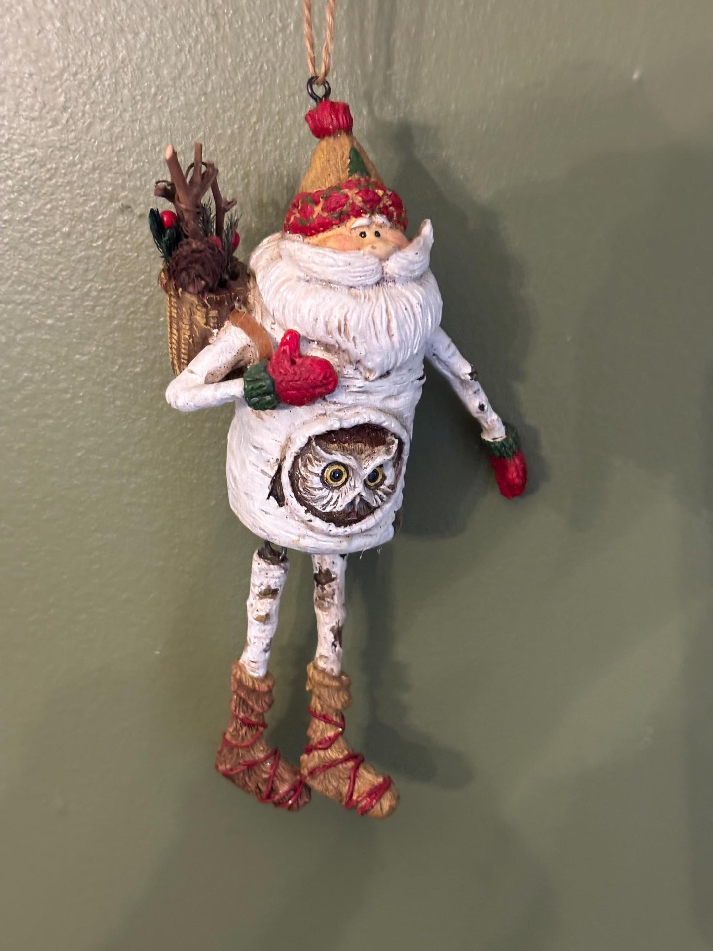Vintage Santa Claus with Owl Hanging Ornament Figurine Christmas Ornaments Old St. Nicholas St. Nick Vintage Art Dangling Legs
