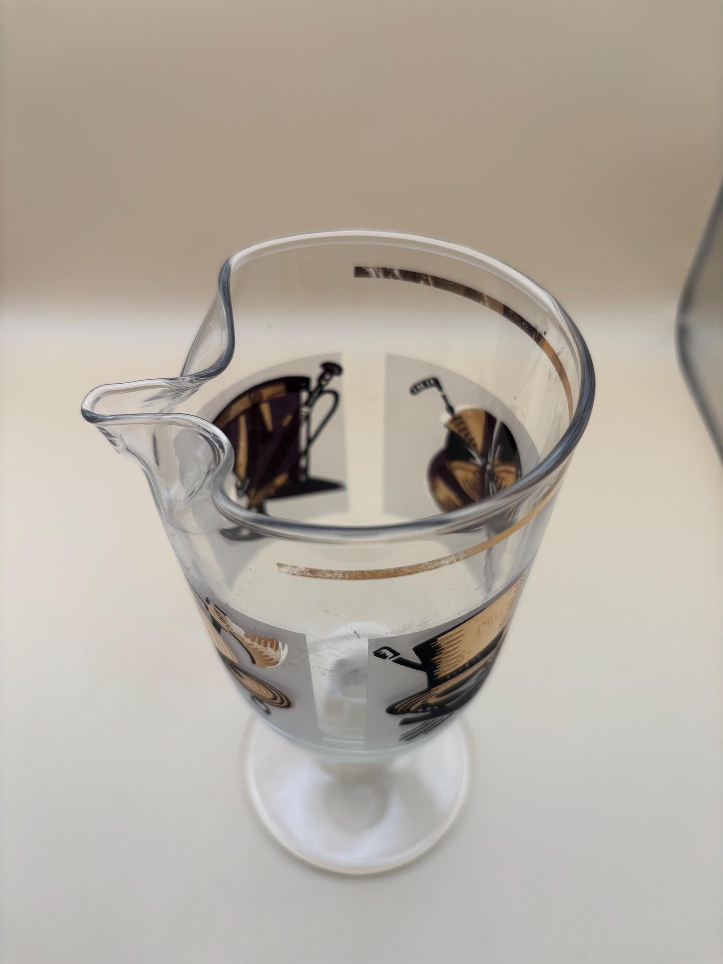 Vintage Libbey Pitcher with Spout Bar Glass with Gold and Black Firefighter Jockey Military Top Hat Design Lover Antiques and Vintage