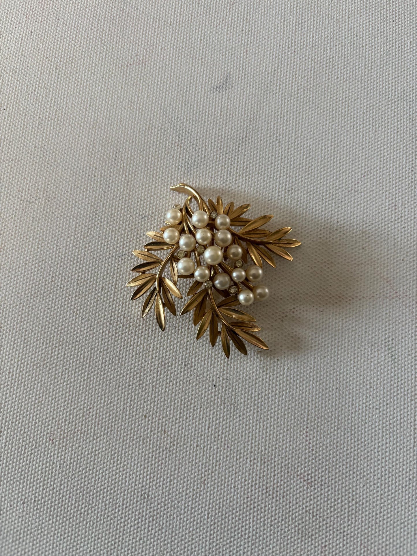 Vintage Crown Trifari Leaf Faux Pearl Brooch Gold Tone Pin Coat Pin Lover Antiques and Vintage