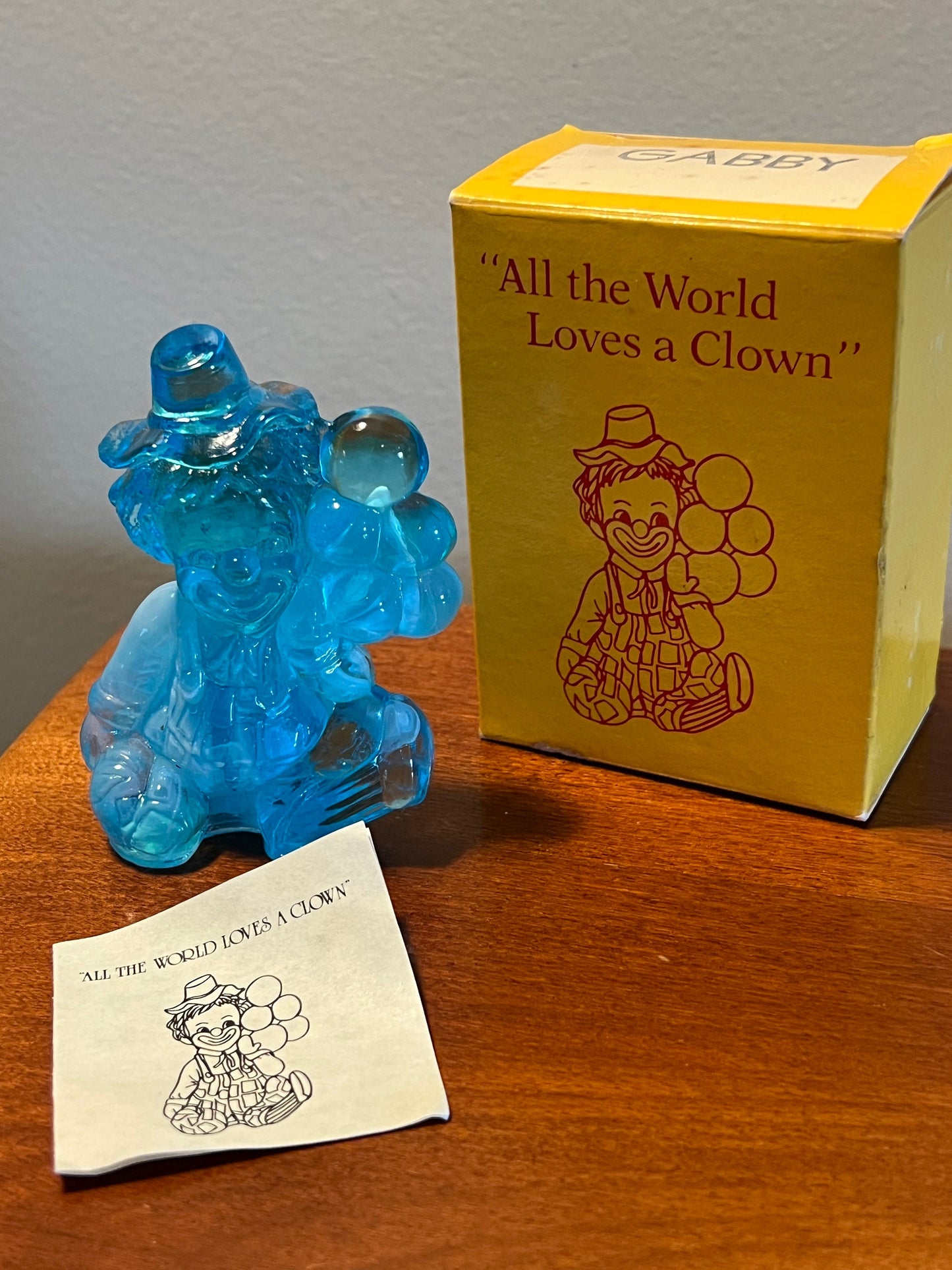 Vintage Mosser Blue Slag Glass Clown Gabby Figurine with Box