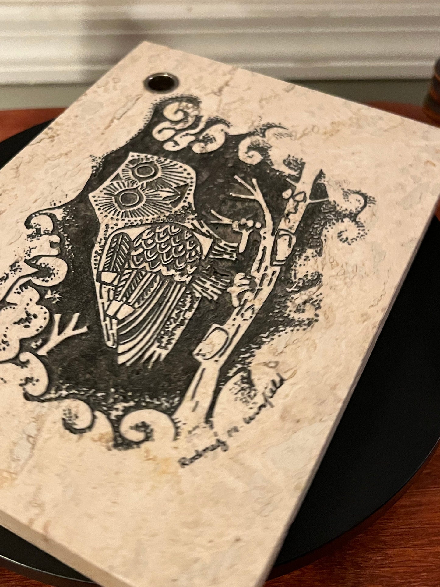 Vintage Owl Etching on Travertine Tile Pen Holder, Signed Art
