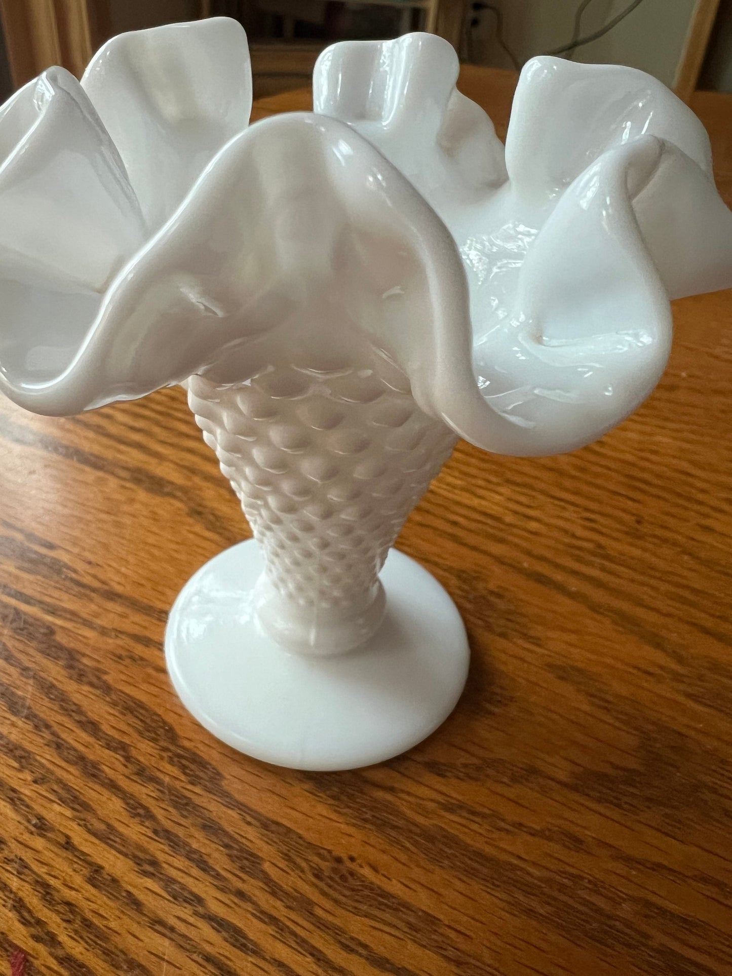 Vintage White Hobnail Glass Vase: Ruffled Edge, Art Glass
