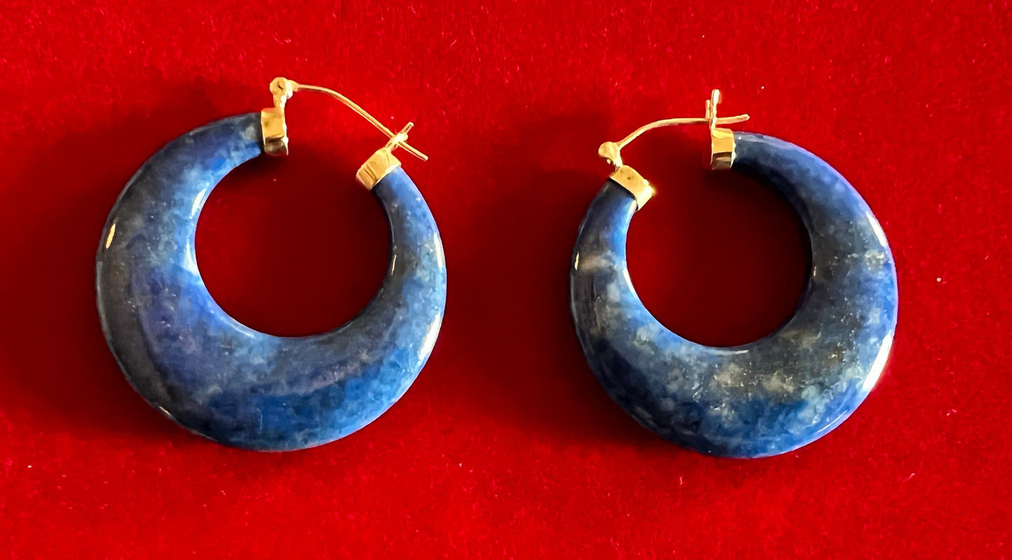 Vintage 14K Gold Lapis Hoop Earrings, Yellow Gold Jewelry