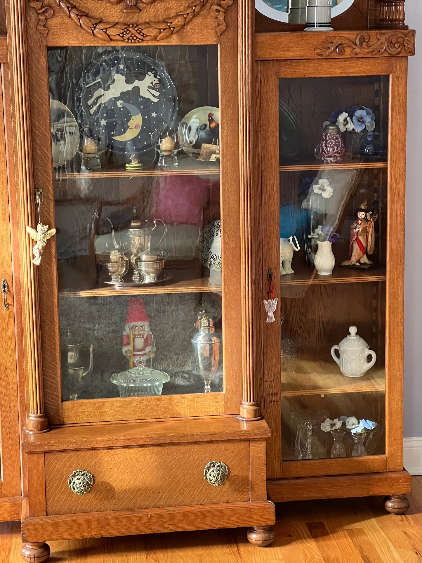 Antique Quarter Sawn Oak Triple Bookcase: Wavy Glass Library Bookshelf