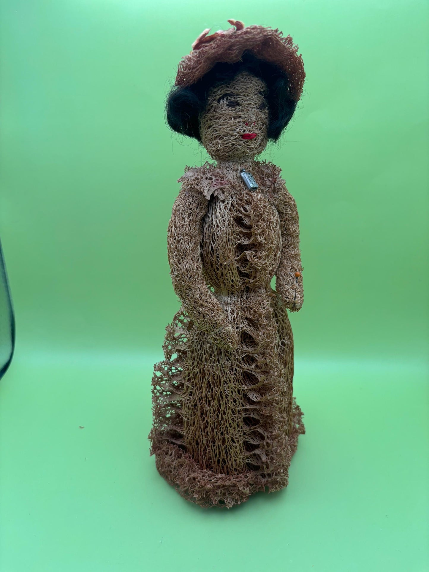 Vintage Folk Art Artist Made Moss Fiber Woman Doll Lover Antiques and Vintage