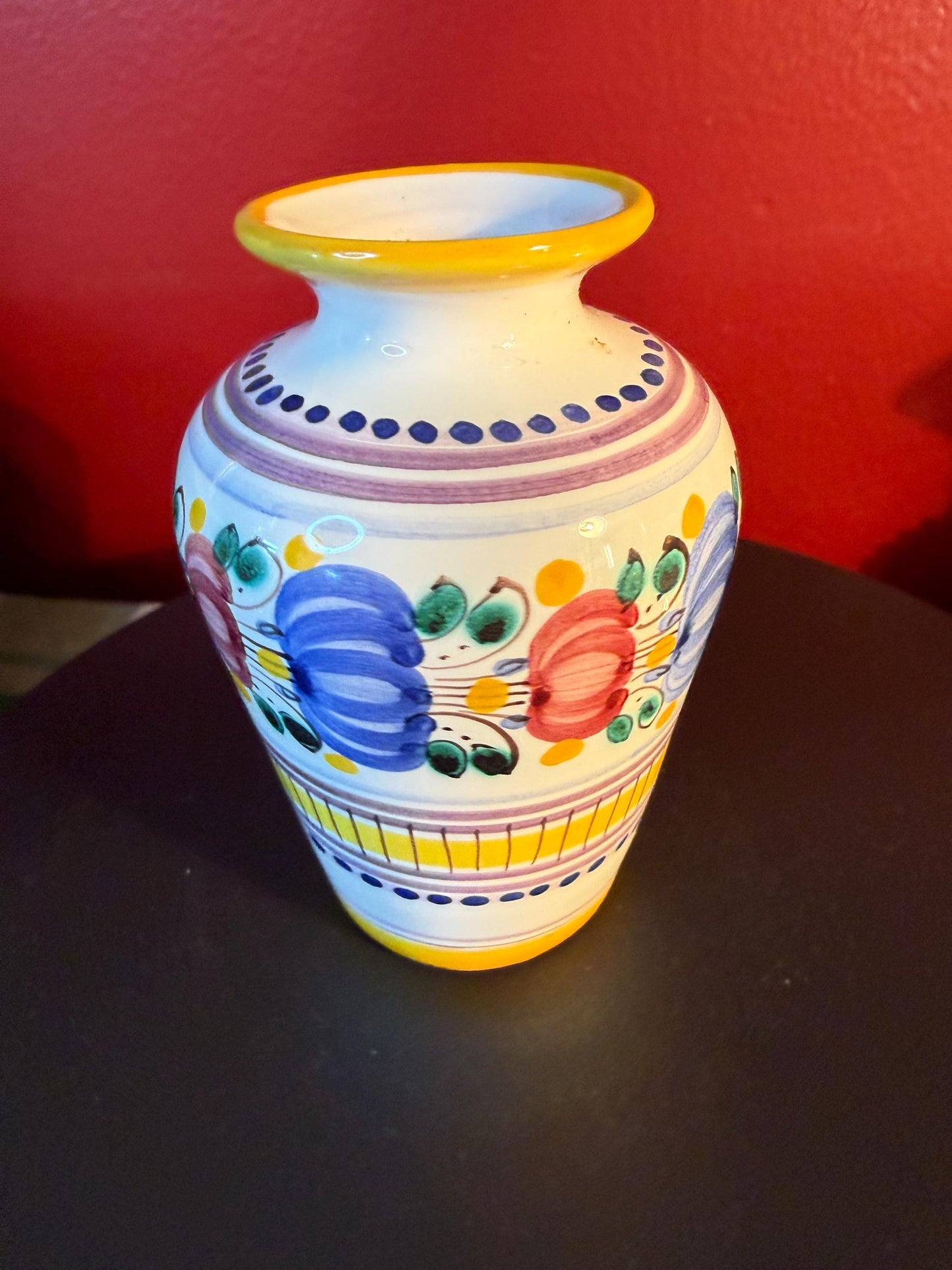Vintage Modra Slovak Folk Art Mini Vase: Hand-Painted Majolika Pottery, 3 Inch Cream Yellow Blue