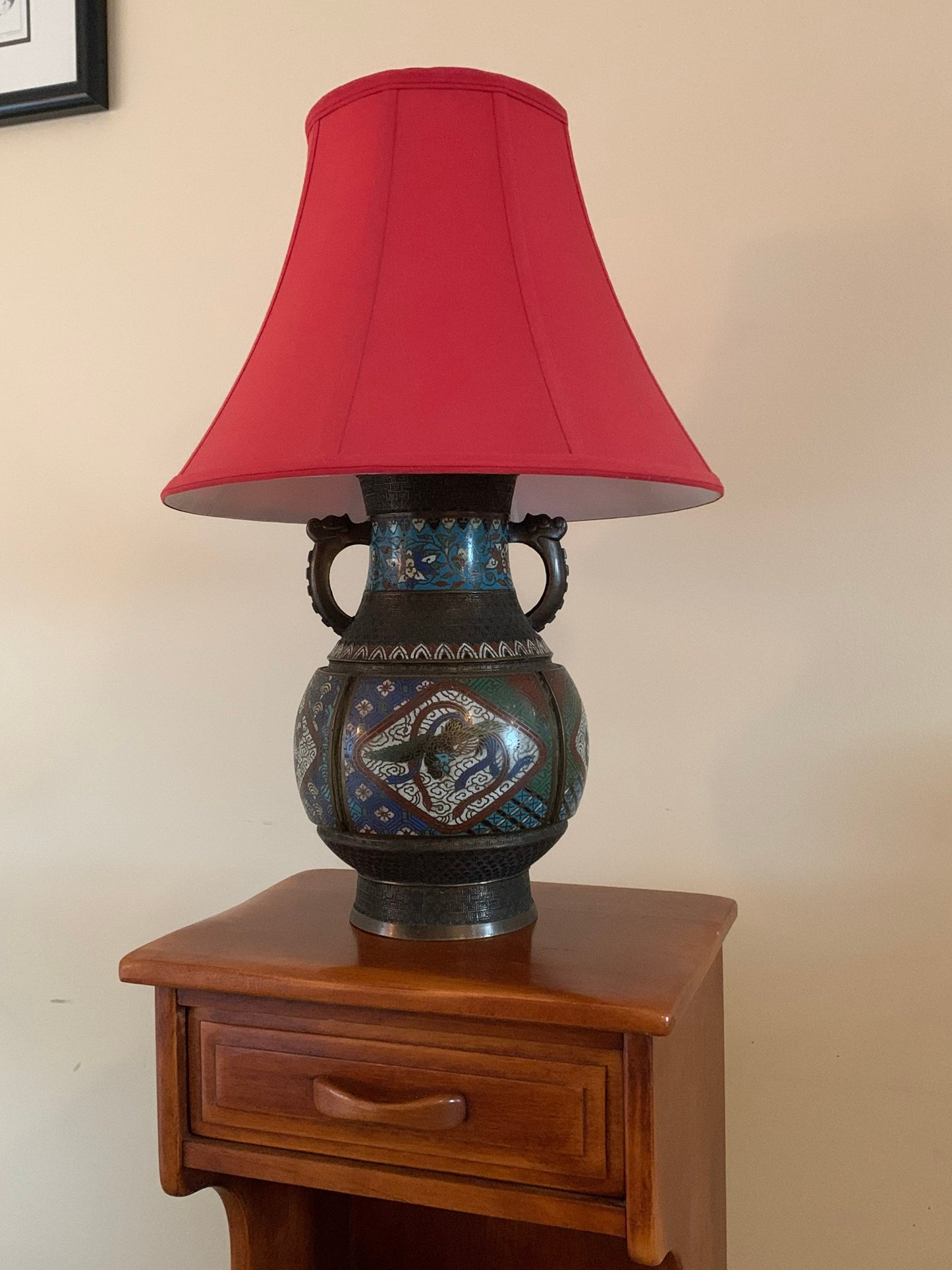 Antique Cloisonné Champlevé Bronze and Enamel Chinese Oriental Table Lamp