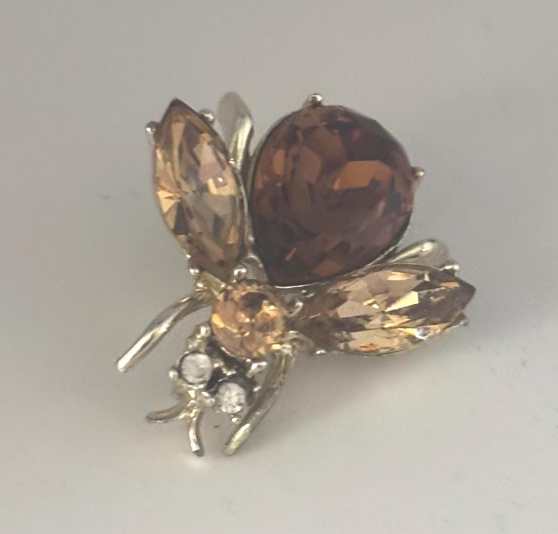 Amber Rhinestone Insect Pin, Enamel Fly Brooch