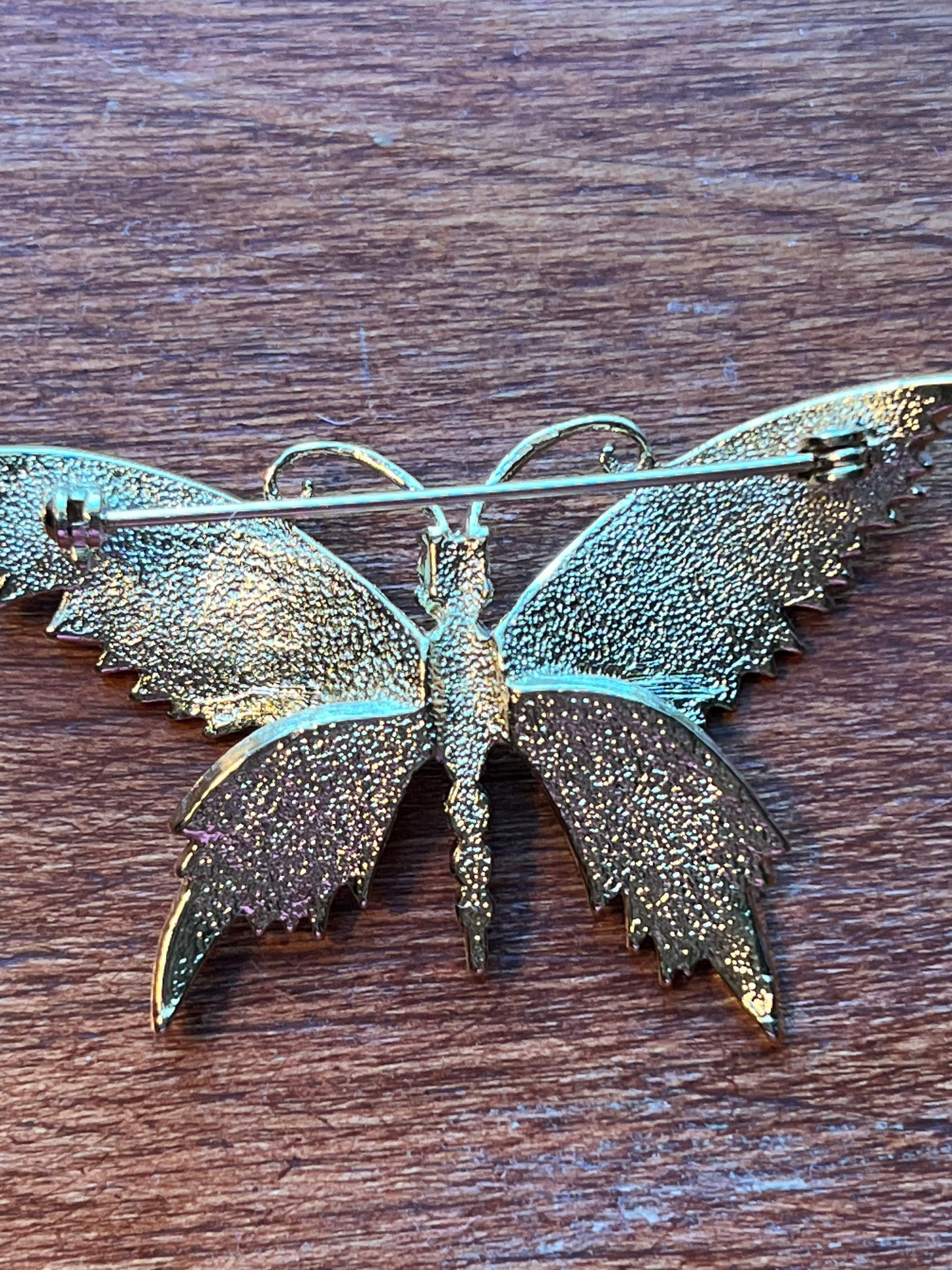 Vintage Butterfly Brooch, Black, Gold Tone, Gem Accents