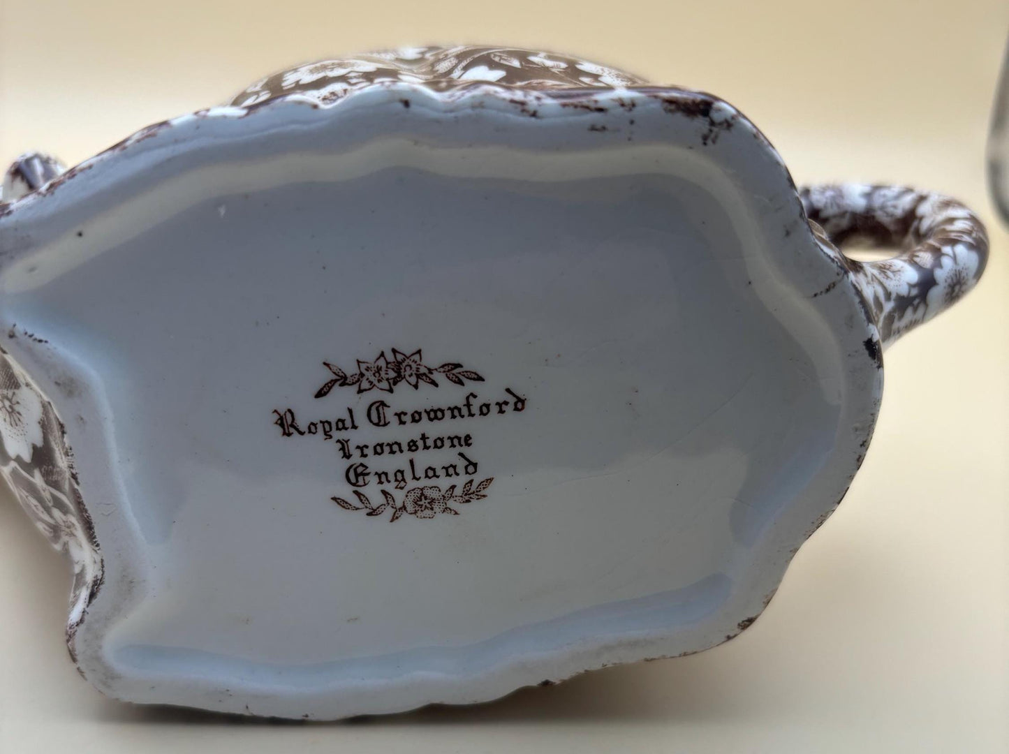 Calico Cow Creamer Royal Crownford Ironstone England Brown White Cow, Floral Transferware
