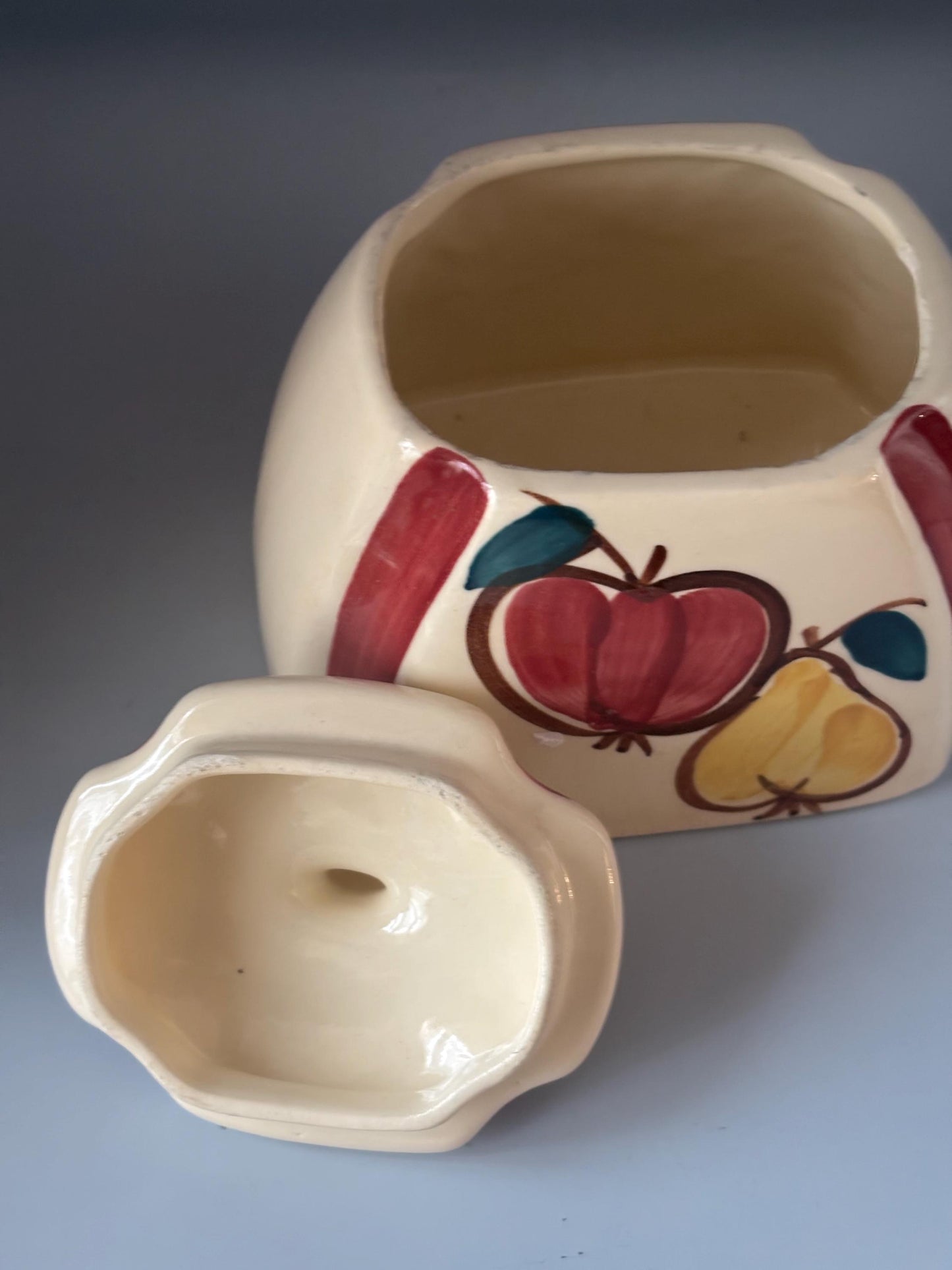 Purinton Pottery Canister Jar with Apple Pear Design, Drip Jar & Lid, Hand Painted Slipware Design