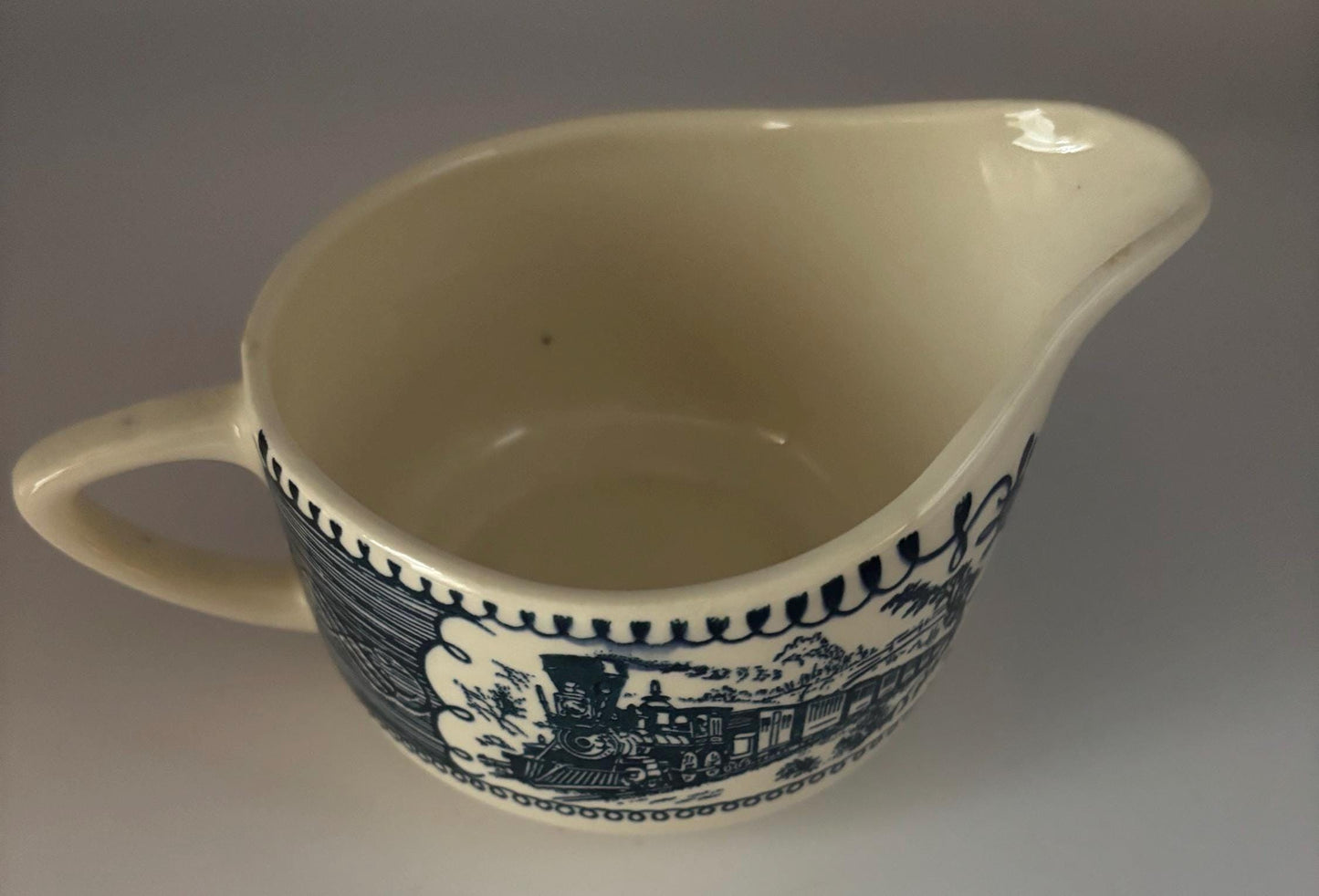 Vintage Currier & Ives Blue and White Creamer Mini Pitcher Lover Antiques and Vintage