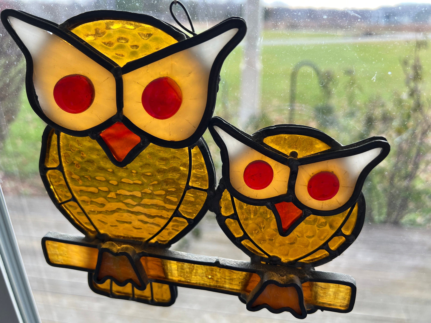 Vintage Stained Glass Owl Family Window Hanging