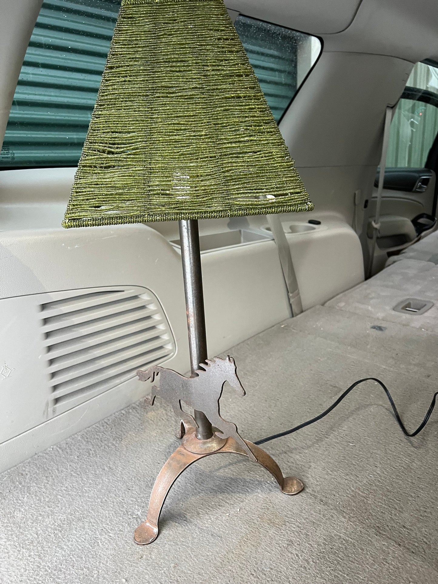 Vintage Wrought Iron Horse Table Lamp with Green Shade