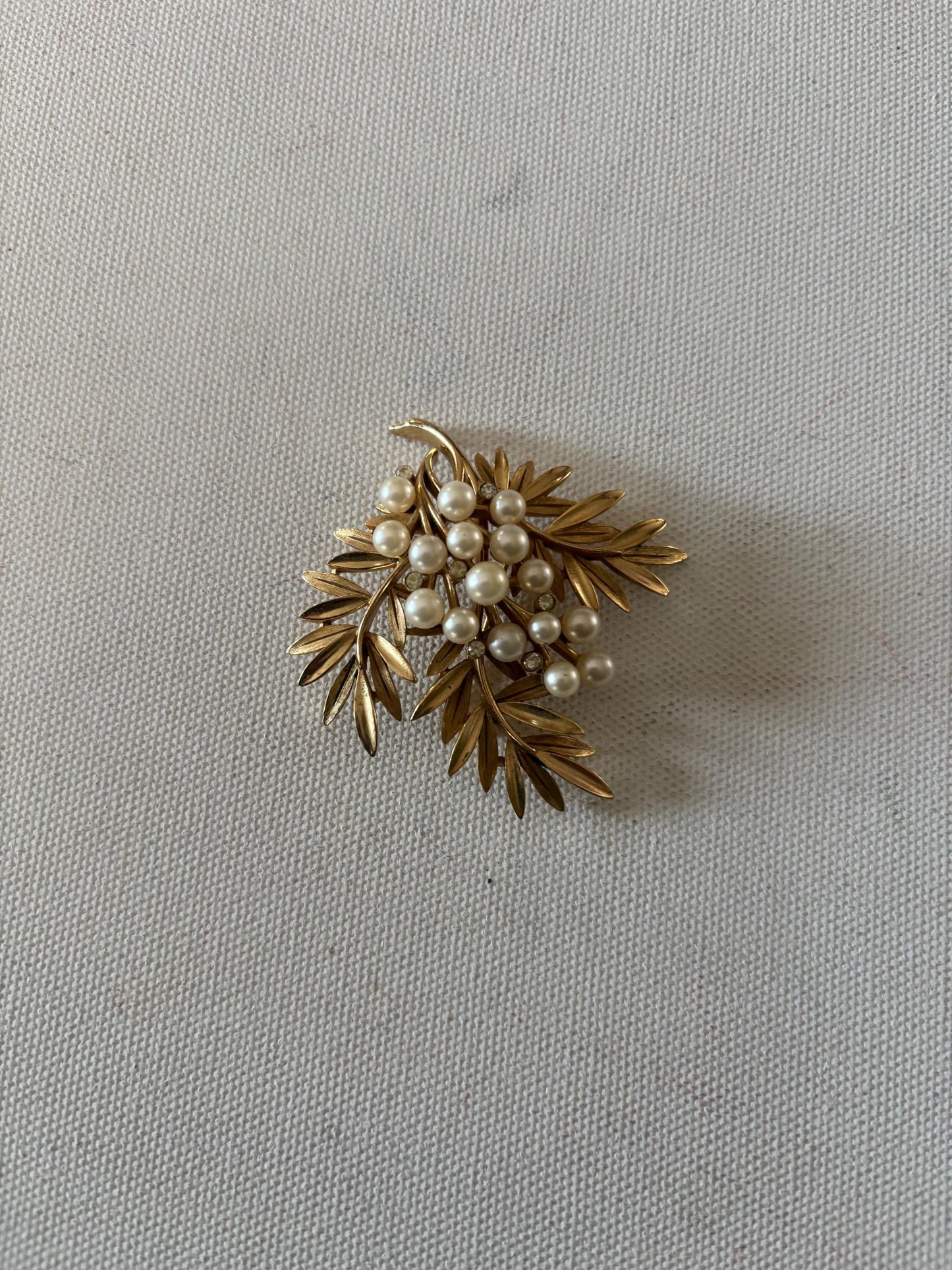 Vintage Crown Trifari Leaf Faux Pearl Brooch Gold Tone Pin Coat Pin Lover Antiques and Vintage