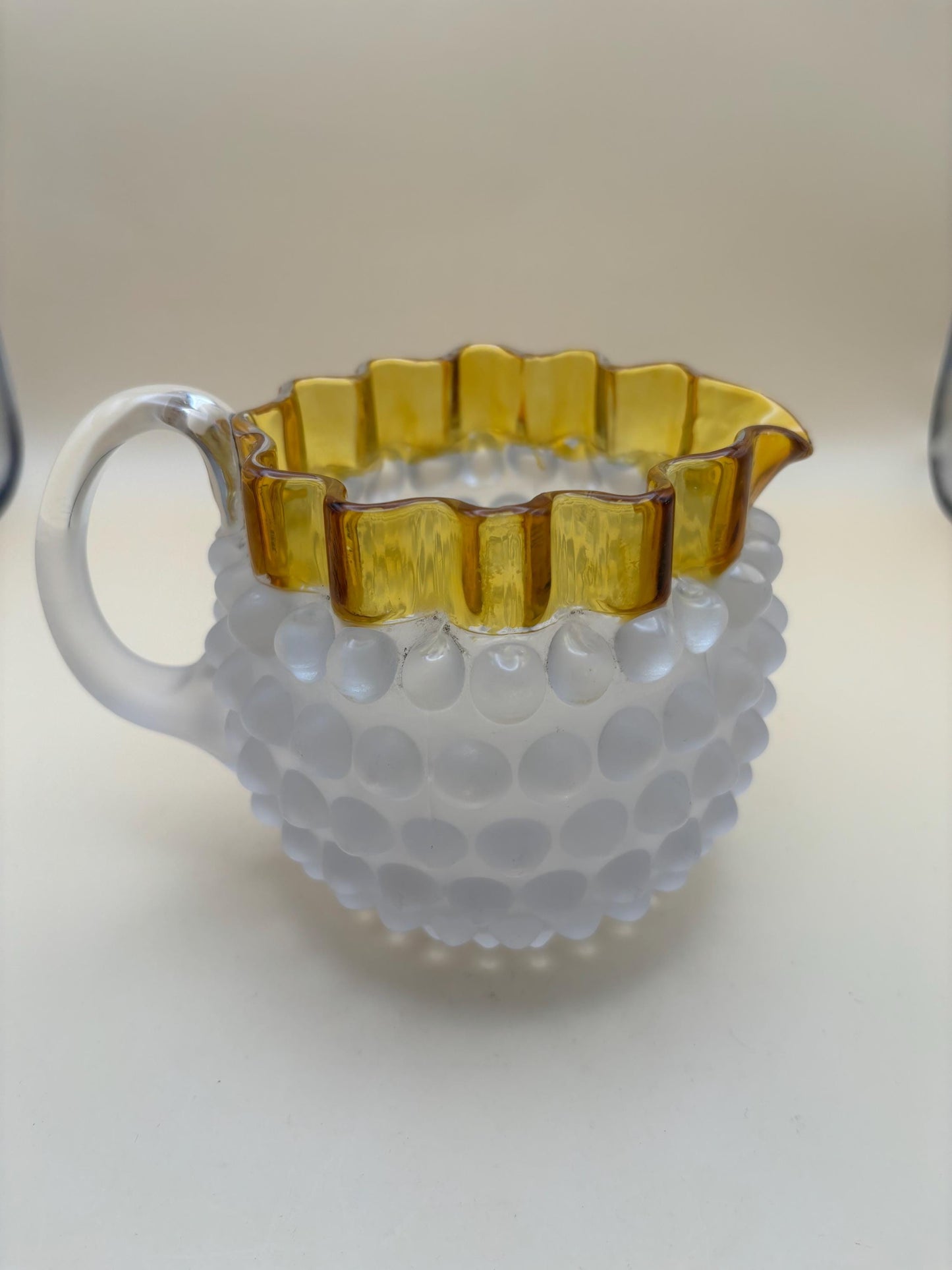 Antique Hobbs Brockunier Blue Glass Hobnail Amber Creamer | Vintage Hobnail Mini Pitcher with Amber Top, Circa 1885-1892