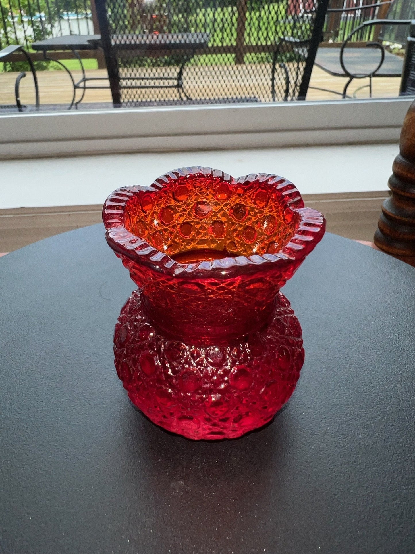 Vintage Ruby Red Amberina Cut Glass Toothpick Holder: Small Sugar Dish