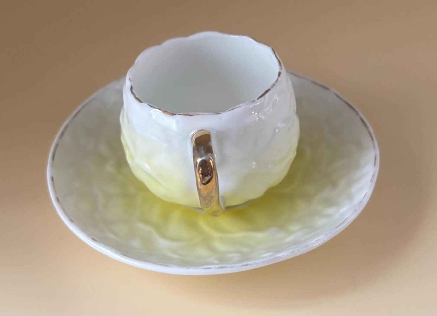 Shelley England Porcelain Tea Cup and Saucer Plate, Yellow & White Hombre, Signed and Numbered