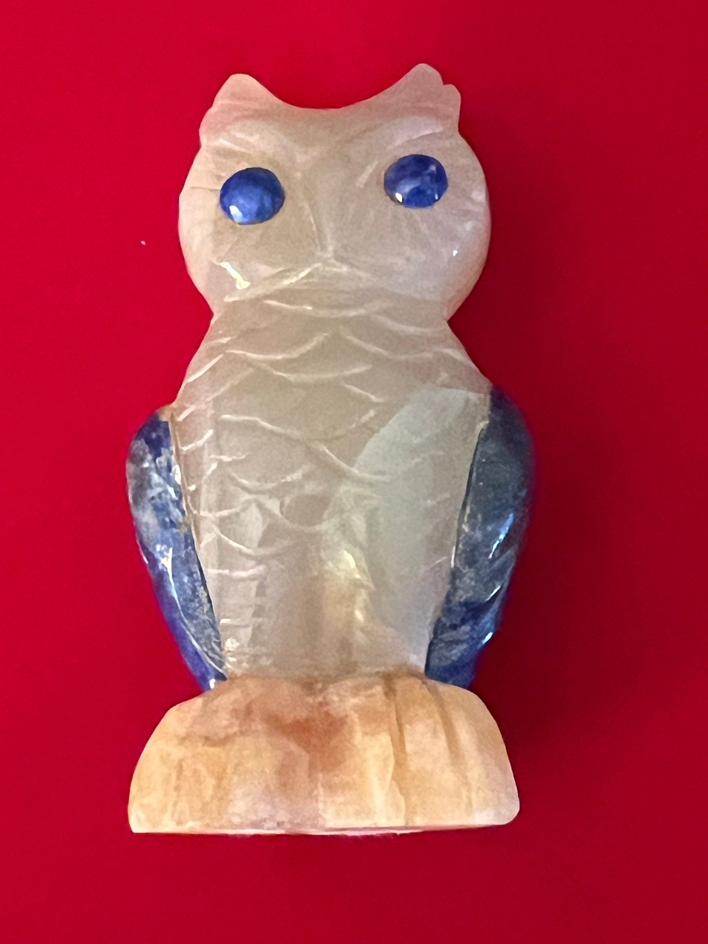 Vintage Carved Quartz Owl Figurine with Blue Eyes