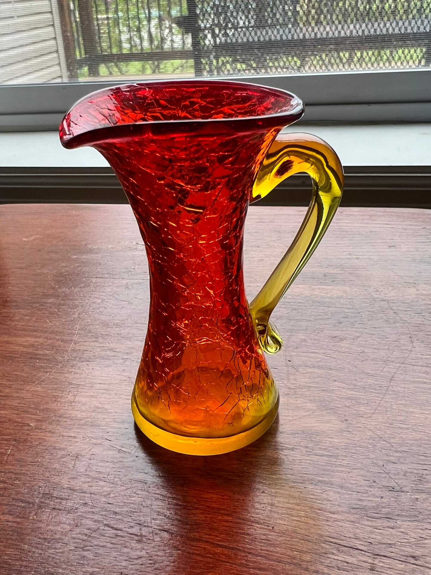 Vintage Amber Crackle Art Glass Orange mini pitcher with handle