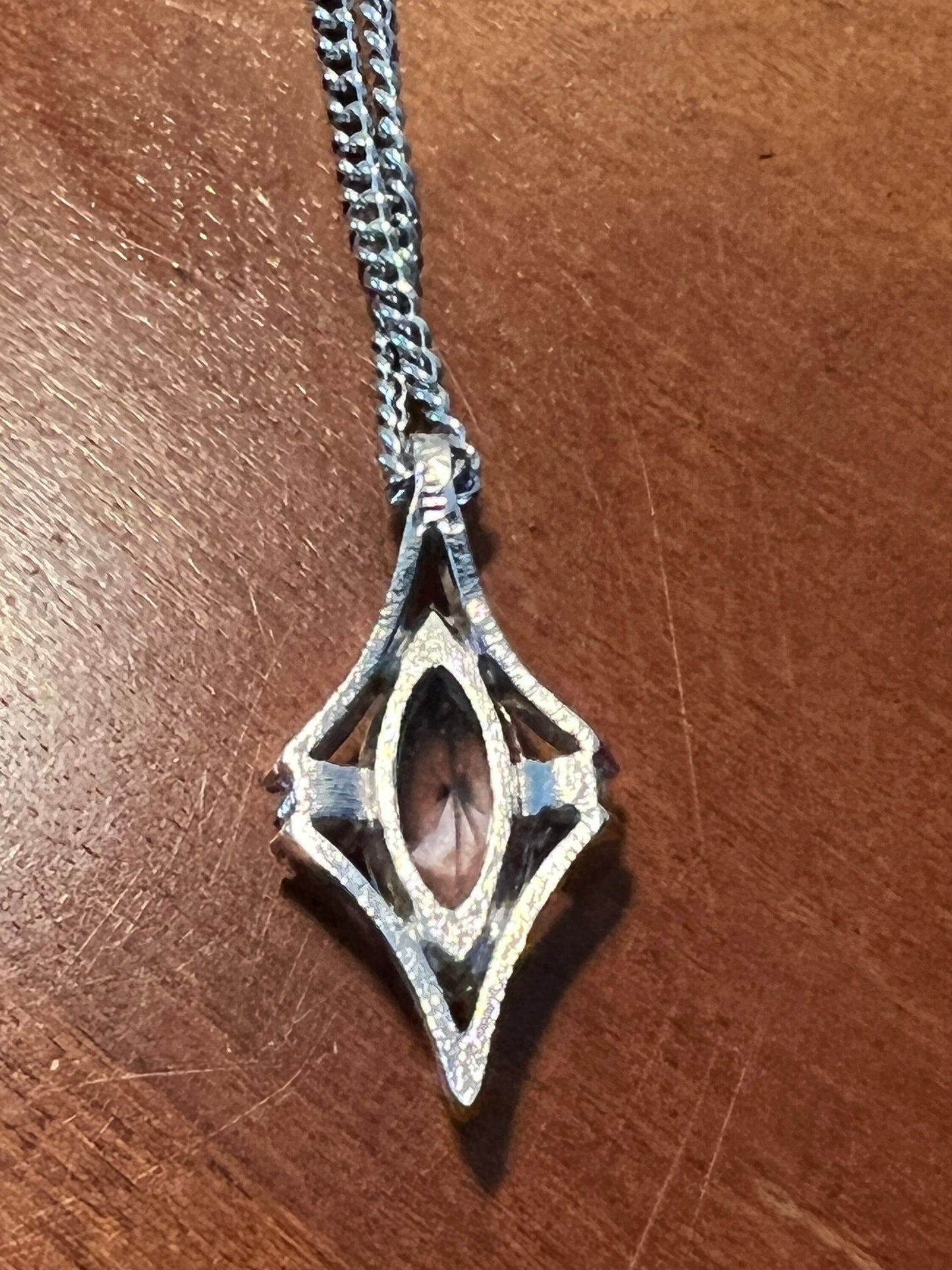 Vintage Pendant Necklace 11” long jewelry in silver tone diamond shaped