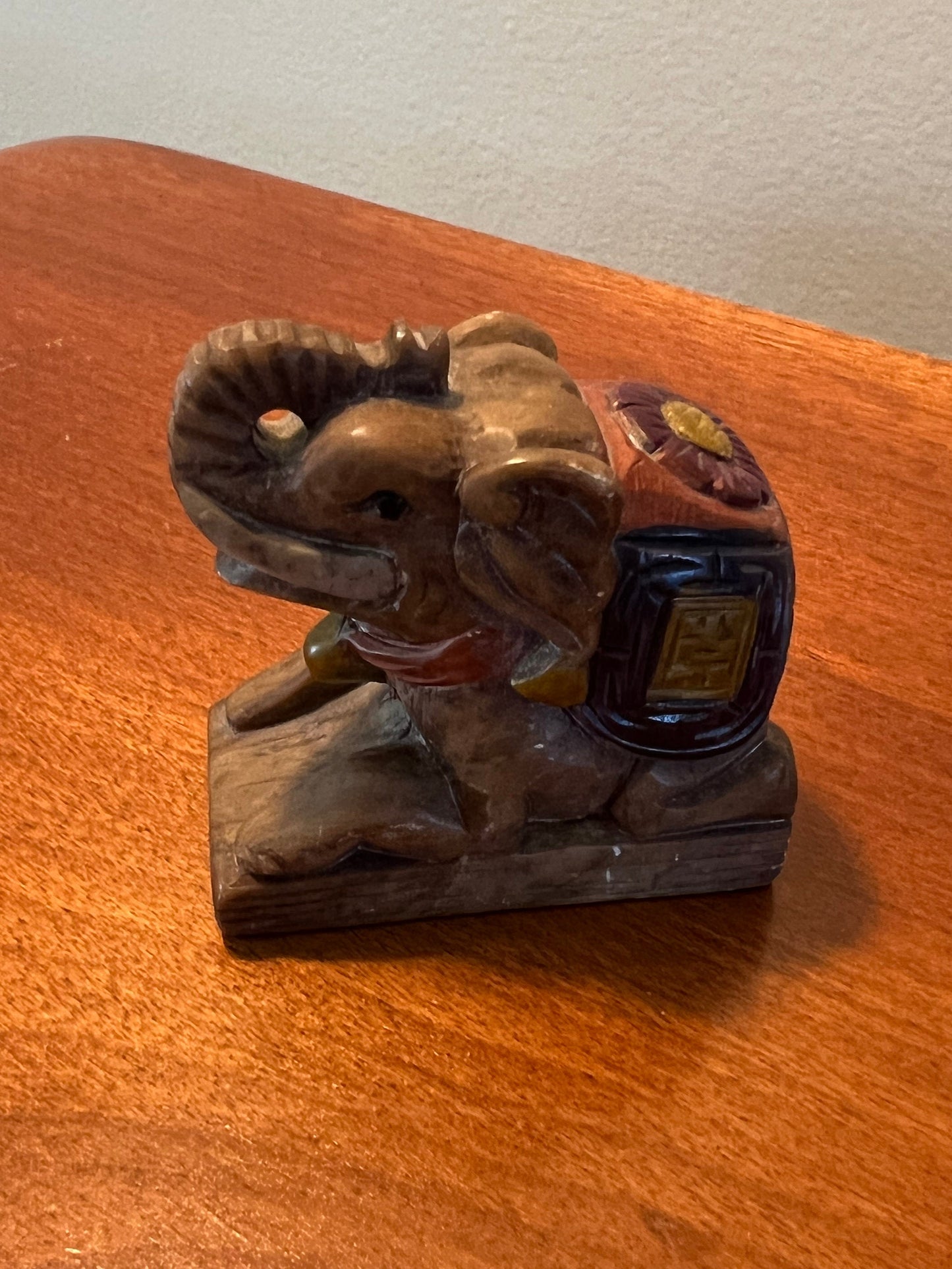 Vintage Hand Carved Soapstone Elephant Figurine: Painted Floral Detail