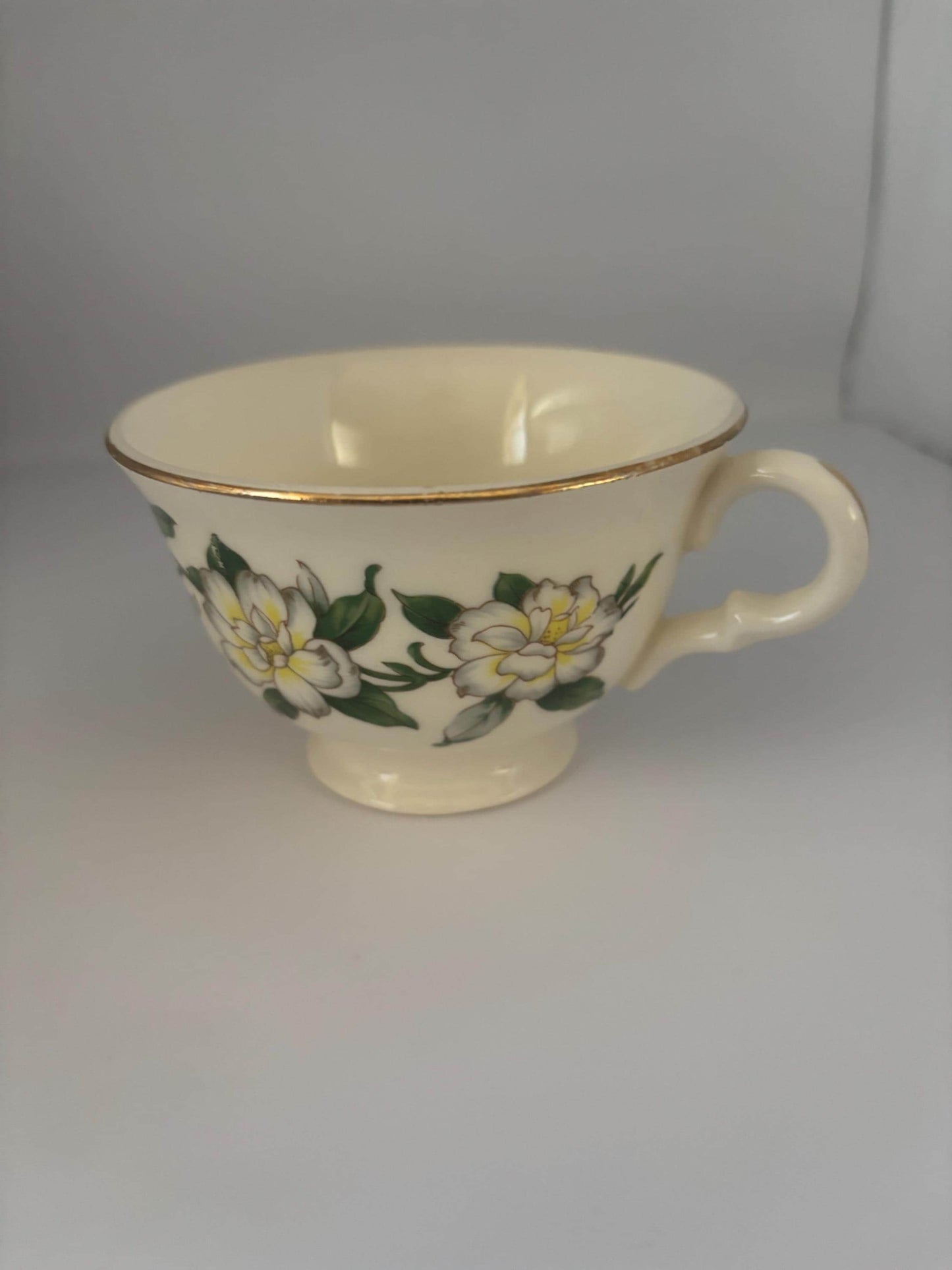 Homer Laughlin Eggshell Georgian Cotillion Teacup with Gold Trim, White Floral Magnolia Pattern