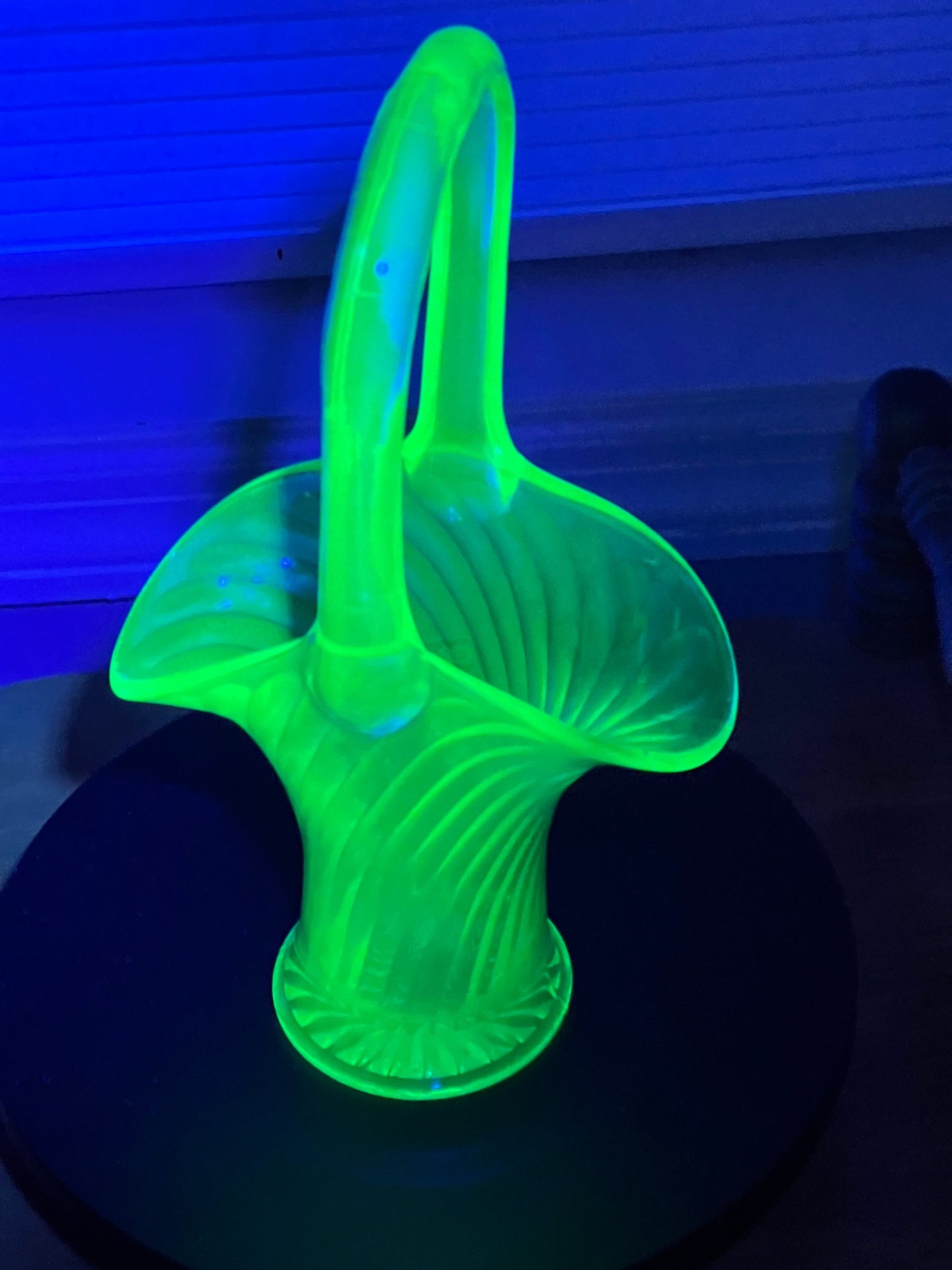 Vintage Uranium Glass Basket, Optical Imperial Glass, Glowing Green
