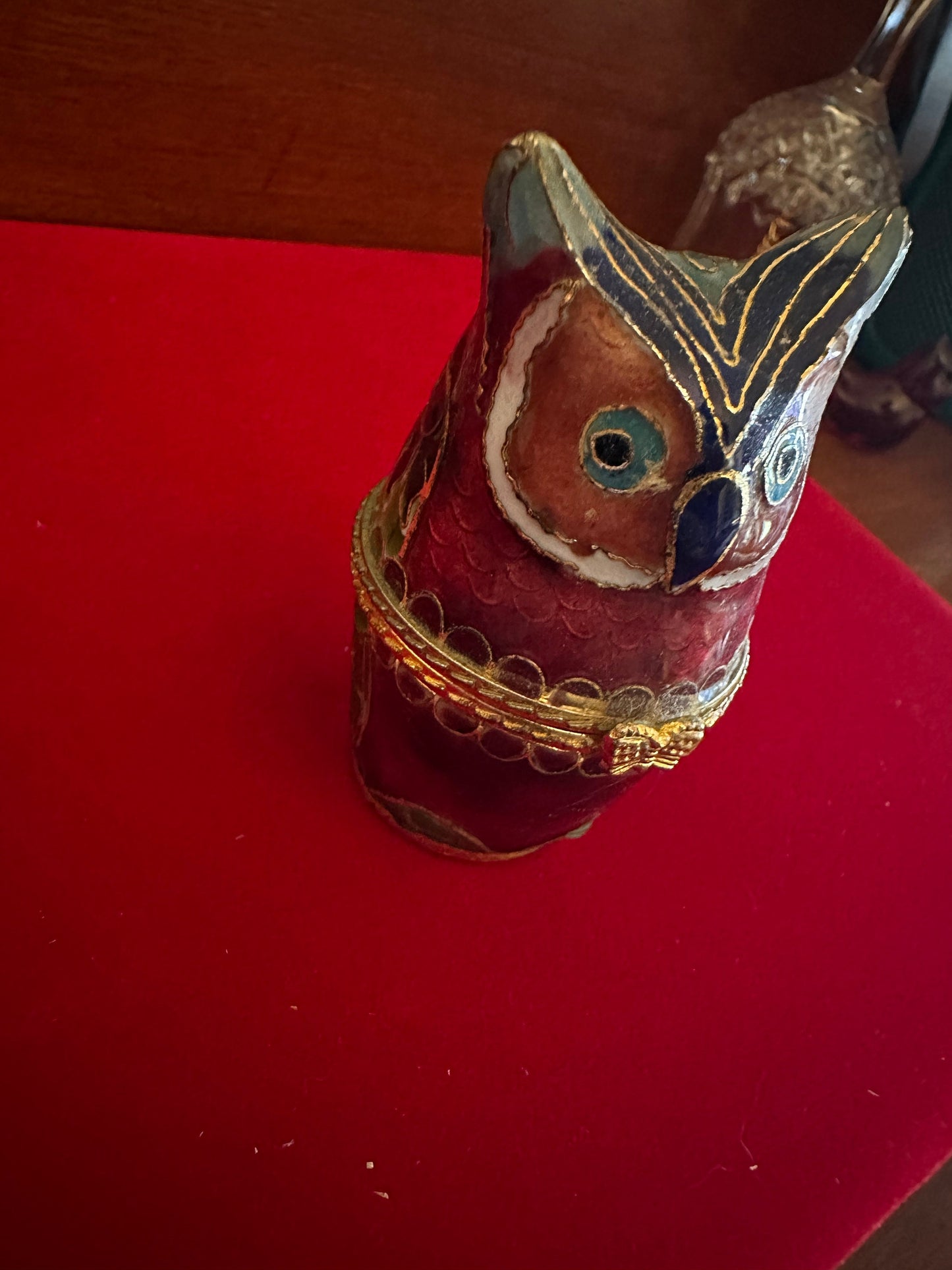 Vintage Cloisonné Owl Trinket Box: Red Enameled Brass Figurine