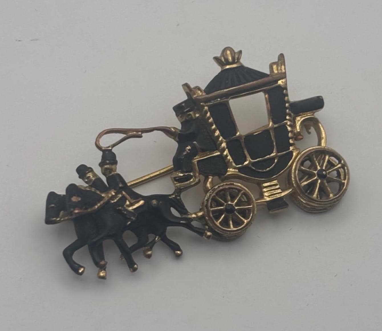 Vintage Carriage Stagecoach Horse Pin Black Enamel Gold Brooch Lover Antiques and Vintage