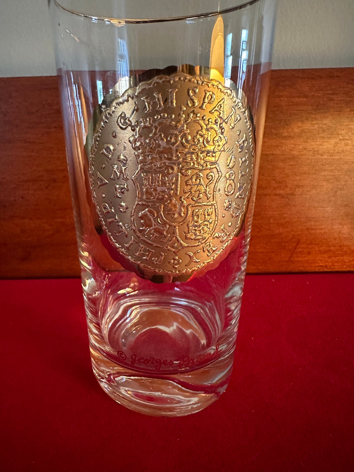 Vintage Georges Briard 24K Gold 5 1/2” Glass, 24K Glass High Ball Glass Dubloon Coin Design, Lover Antiques and Vintage
