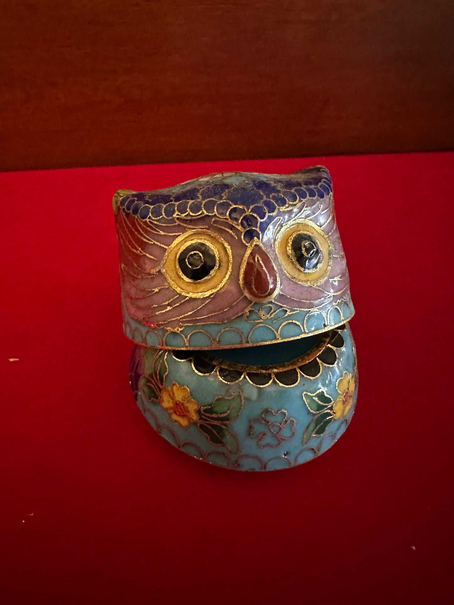 Vintage Cloisonné Enamel Owl Trinket Box: Cobalt Blue & Brass