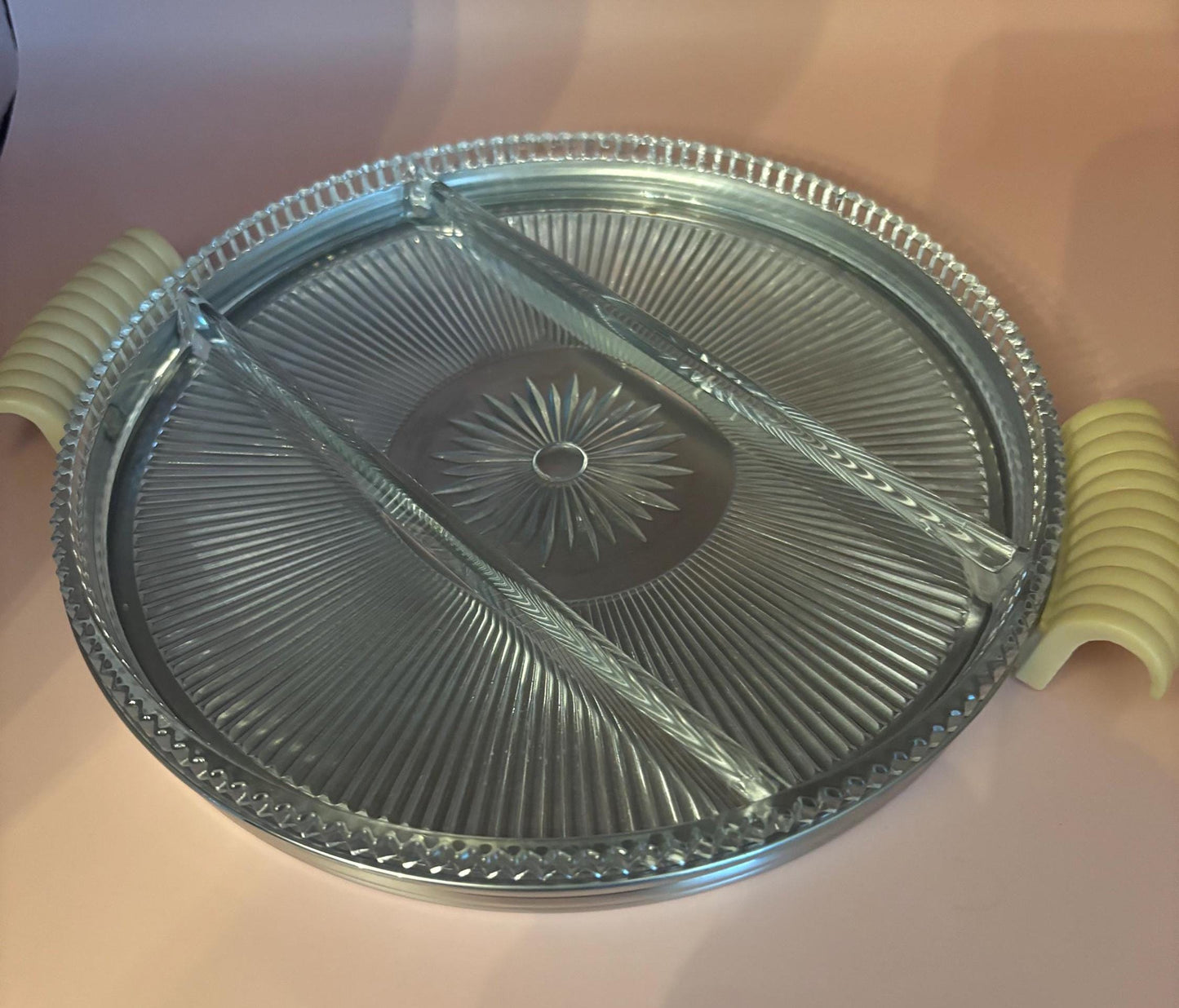 Vintage Glass & Pewter Platter with Green Handles, 12" Diameter