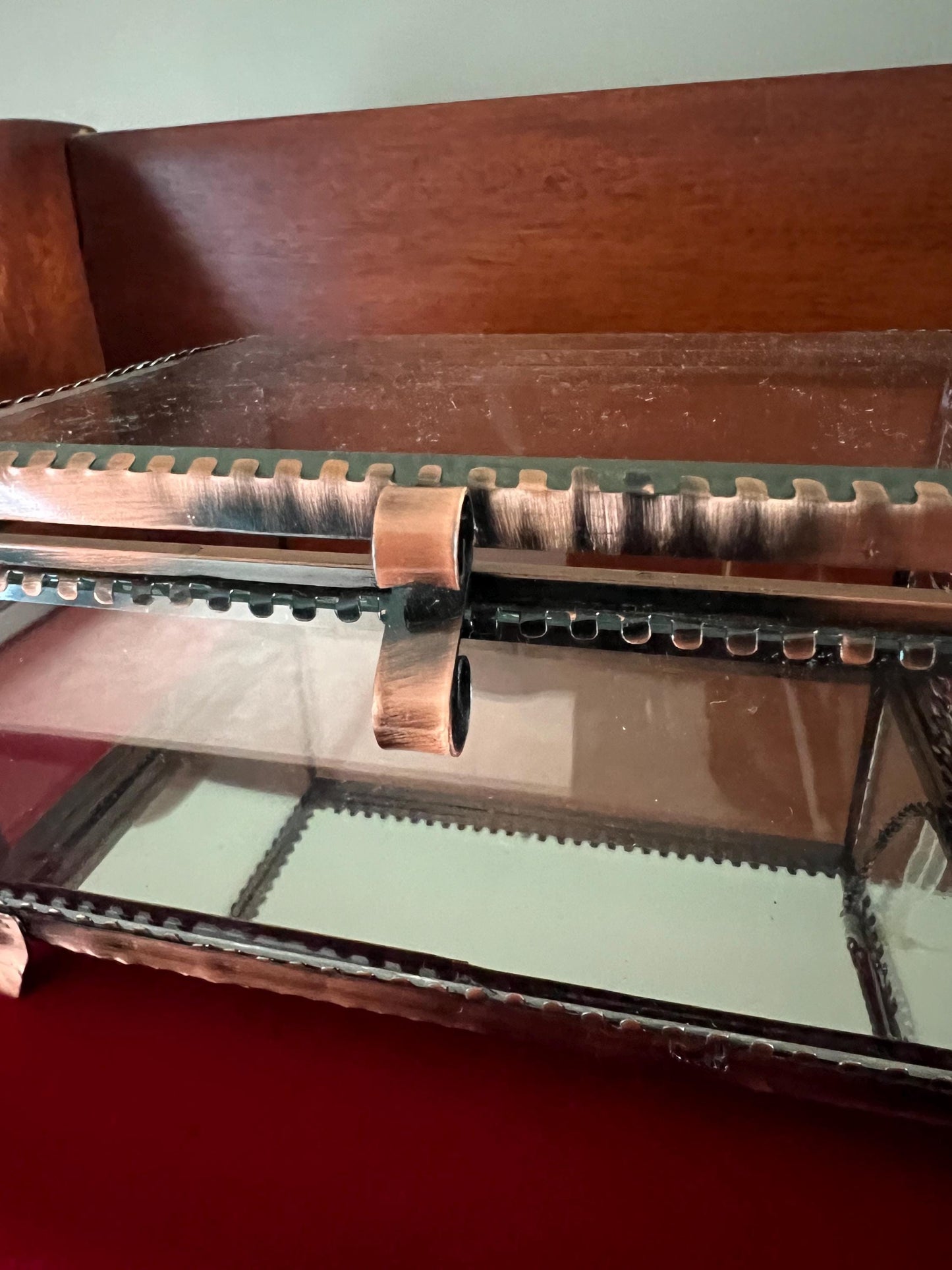 Vintage Bella Lux Copper & Beveled Glass Trinket Box: Hollywood Regency Jewelry Casket