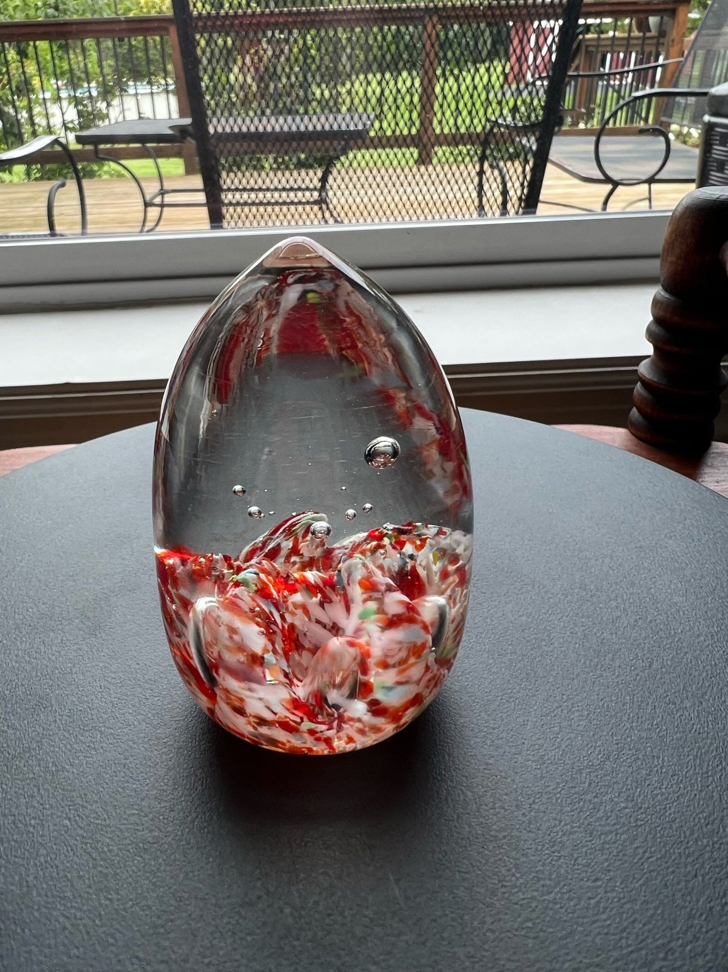 Vintage Red Art Glass Paperweight: Controlled Bubble Egg Shape