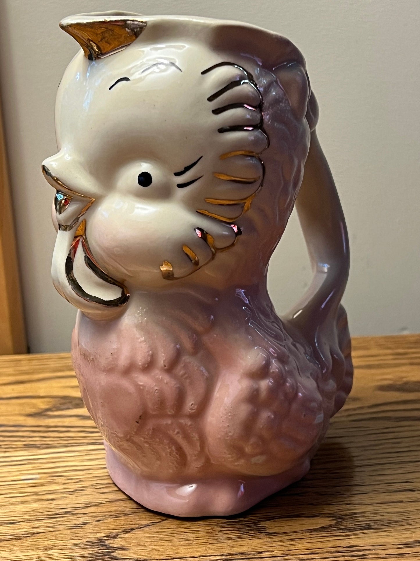 Vintage Shawnee Pottery Owl Pitcher: Pink & White with 14K Gold Trim